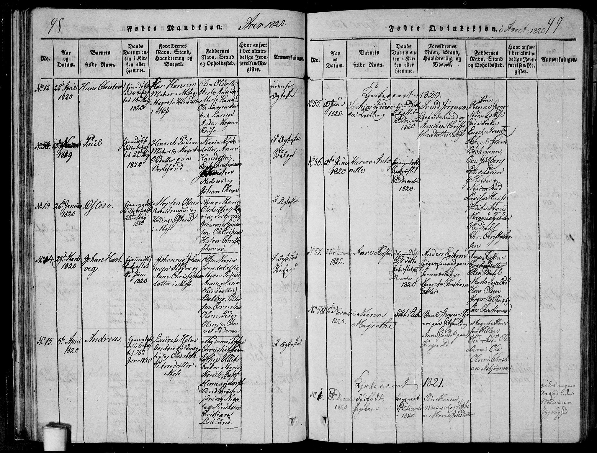 Moss prestekontor Kirkebøker, AV/SAO-A-2003/F/Fa/L0005: Parish register (official) no. I 5, 1814-1828, p. 98-99