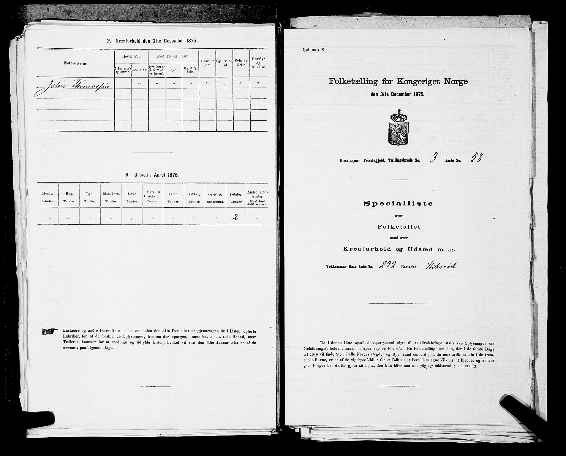 SAKO, 1875 census for 0726P Brunlanes, 1875, p. 441