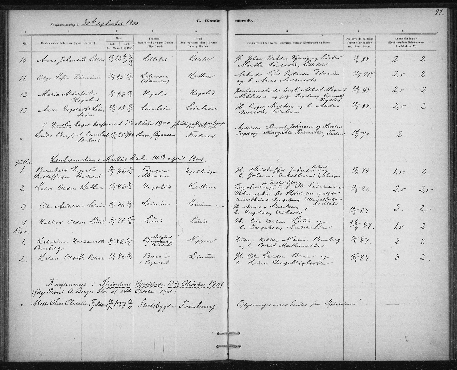 Ministerialprotokoller, klokkerbøker og fødselsregistre - Sør-Trøndelag, SAT/A-1456/613/L0392: Parish register (official) no. 613A01, 1887-1906, p. 98