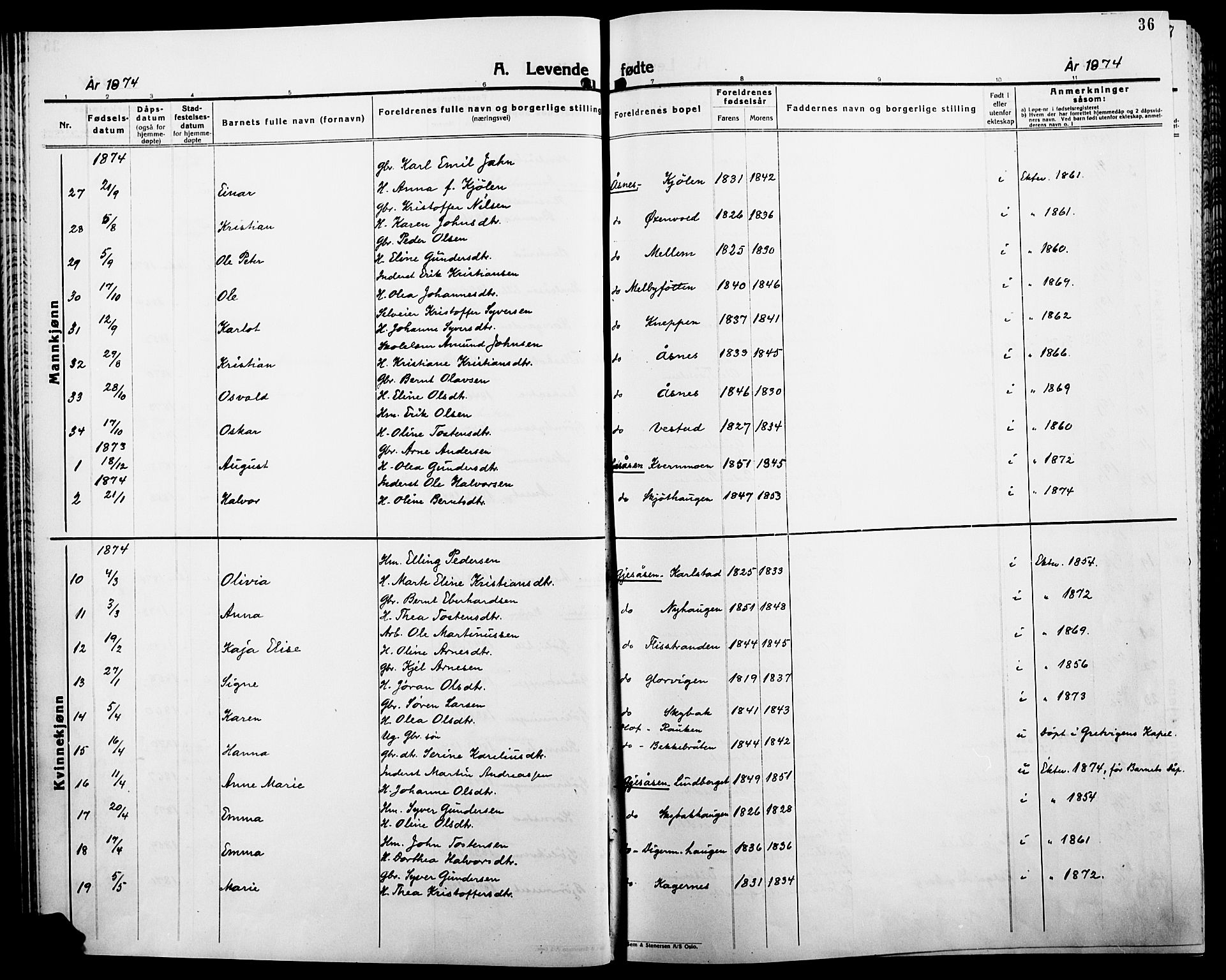 Åsnes prestekontor, AV/SAH-PREST-042/H/Ha/Haa/L0000B: Parish register (official), 1870-1889, p. 36