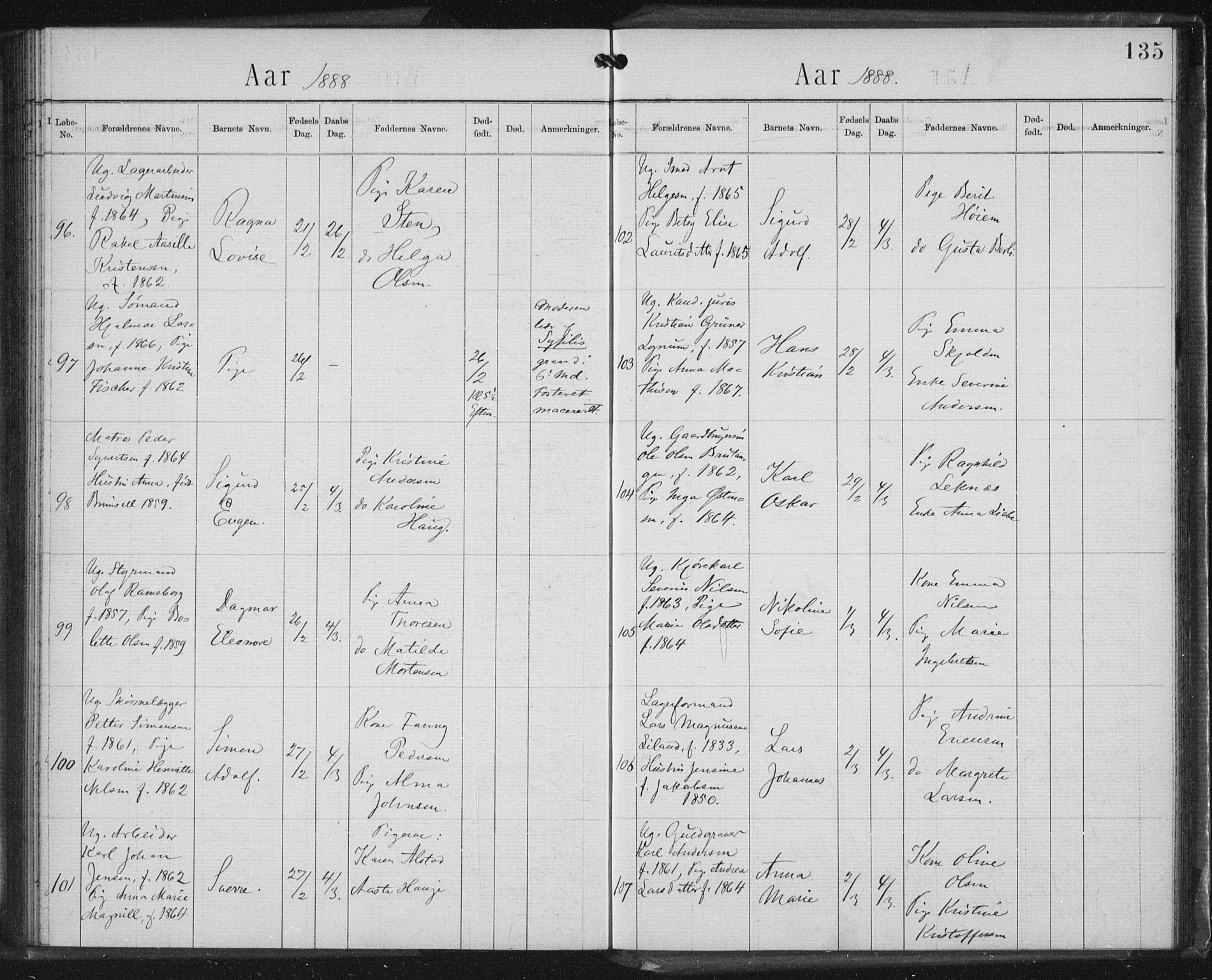 Rikshospitalet prestekontor Kirkebøker, SAO/A-10309b/K/L0003/0002: Baptism register no. 3.2, 1884-1889, p. 135
