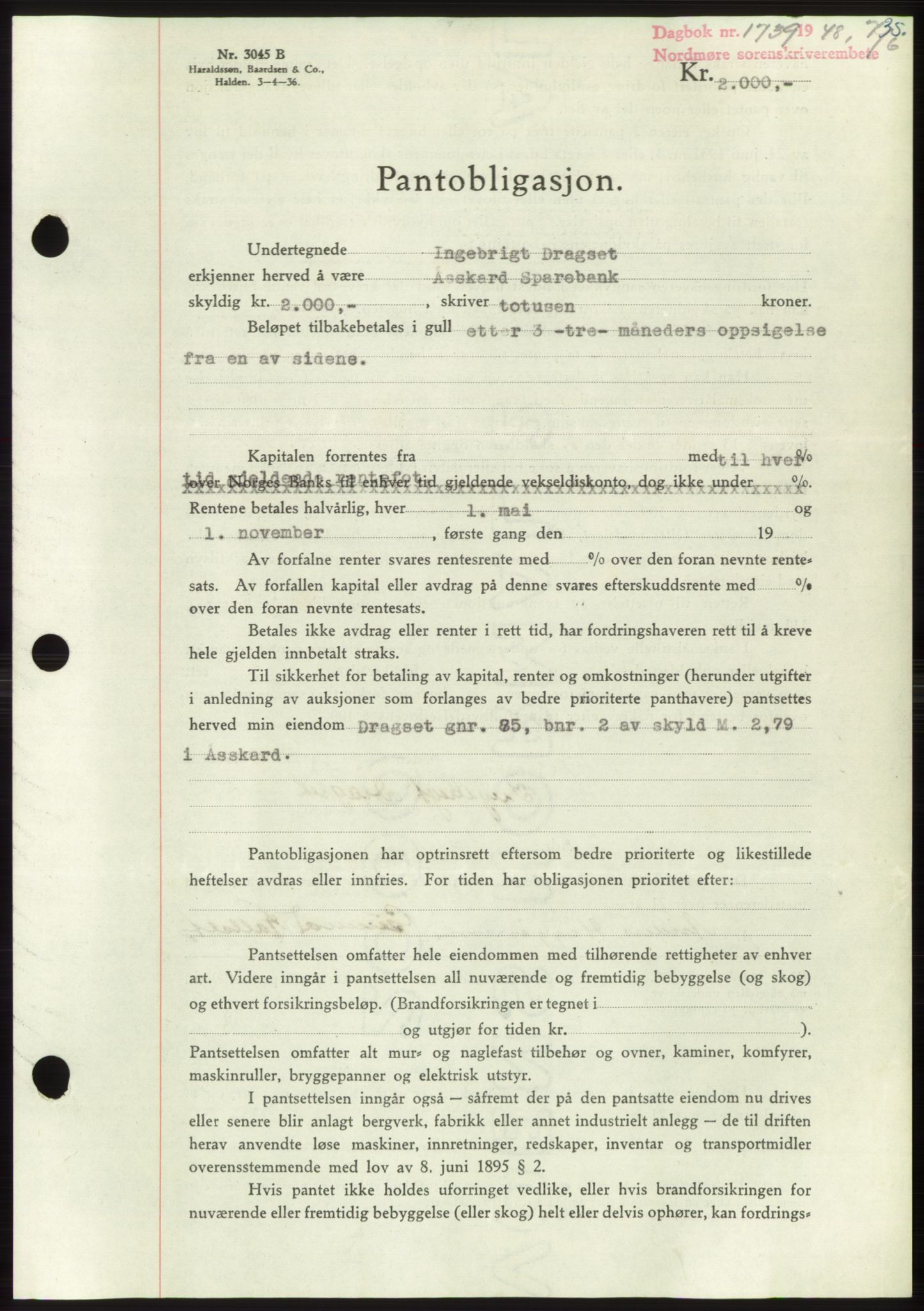 Nordmøre sorenskriveri, AV/SAT-A-4132/1/2/2Ca: Mortgage book no. B99, 1948-1948, Diary no: : 1739/1948