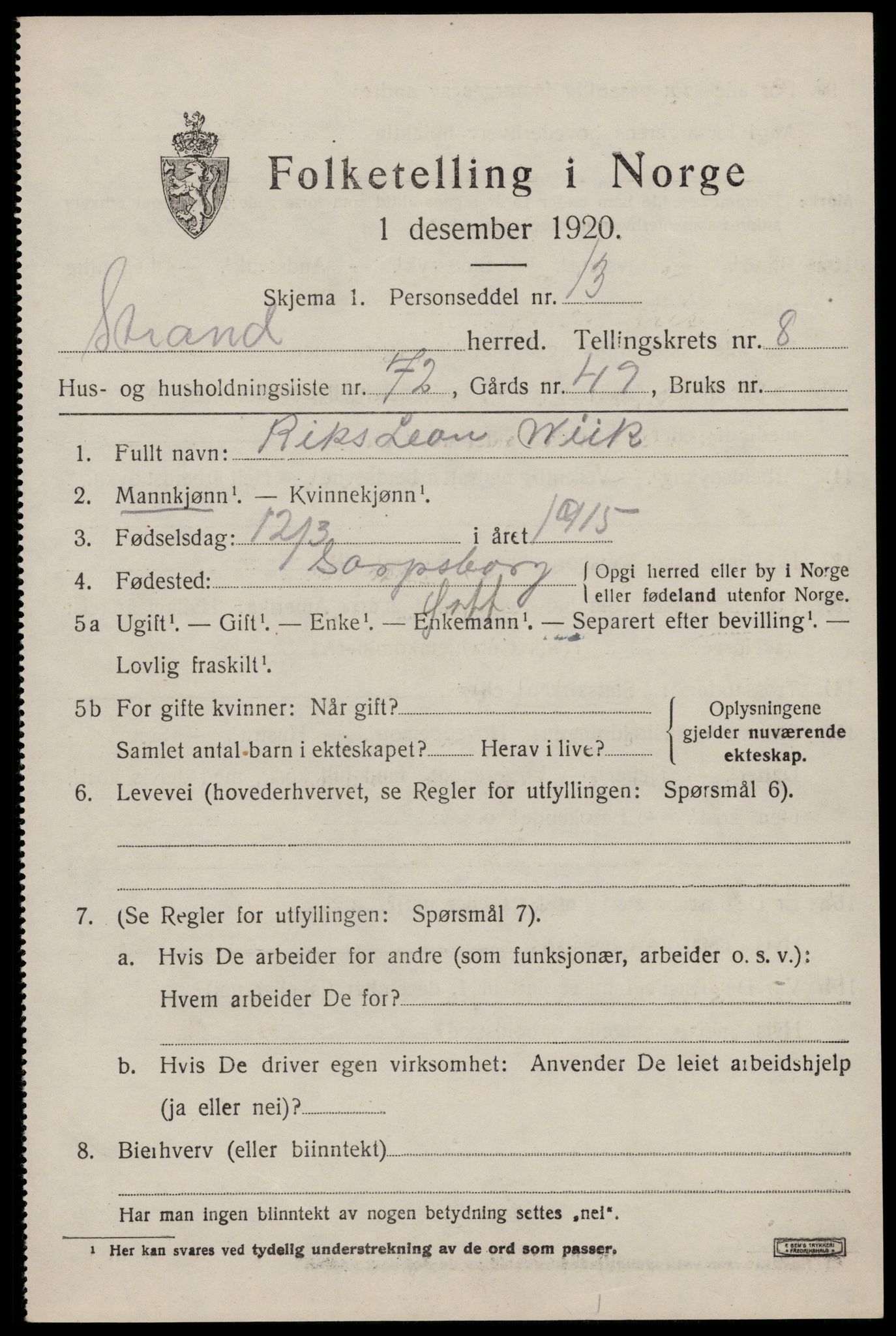 SAST, 1920 census for Strand, 1920, p. 6235