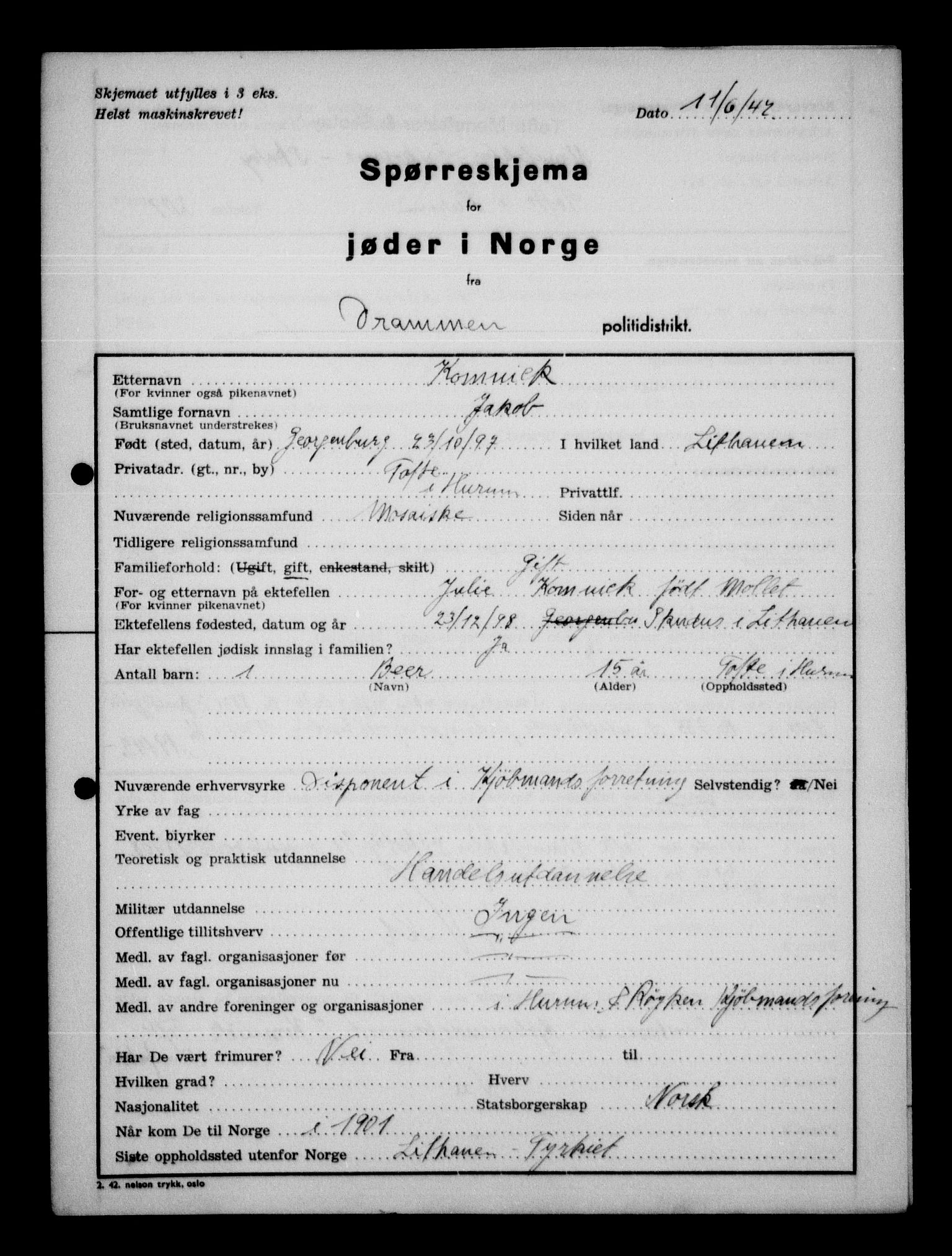 Statspolitiet - Hovedkontoret / Osloavdelingen, AV/RA-S-1329/G/Ga/L0012: Spørreskjema for jøder i Norge. 1: Aker 114- 207 (Levinson-Wozak) og 656 (Salomon). 2: Arendal-Hordaland. 3: Horten-Romerike.  , 1942, p. 387