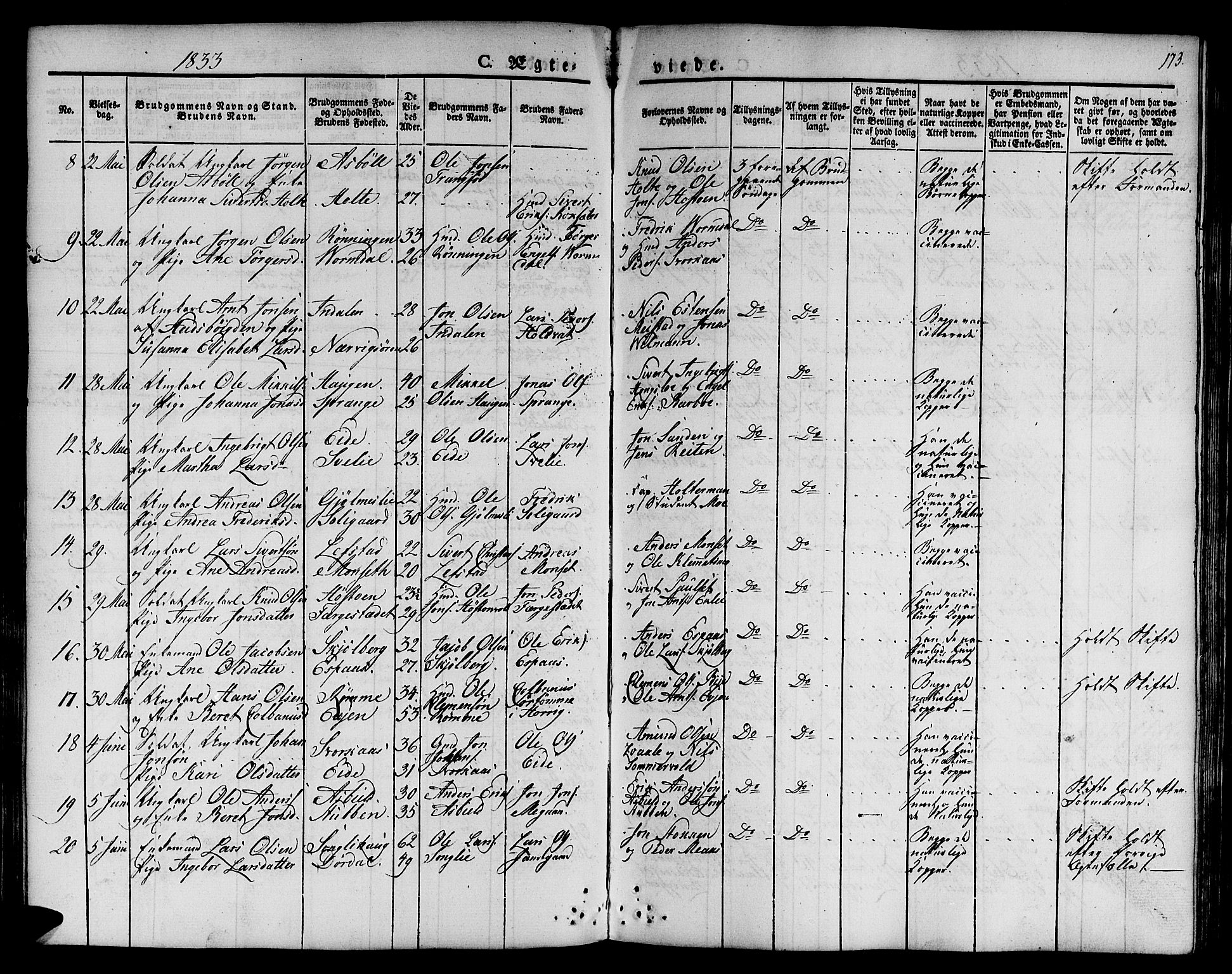 Ministerialprotokoller, klokkerbøker og fødselsregistre - Sør-Trøndelag, SAT/A-1456/668/L0804: Parish register (official) no. 668A04, 1826-1839, p. 173
