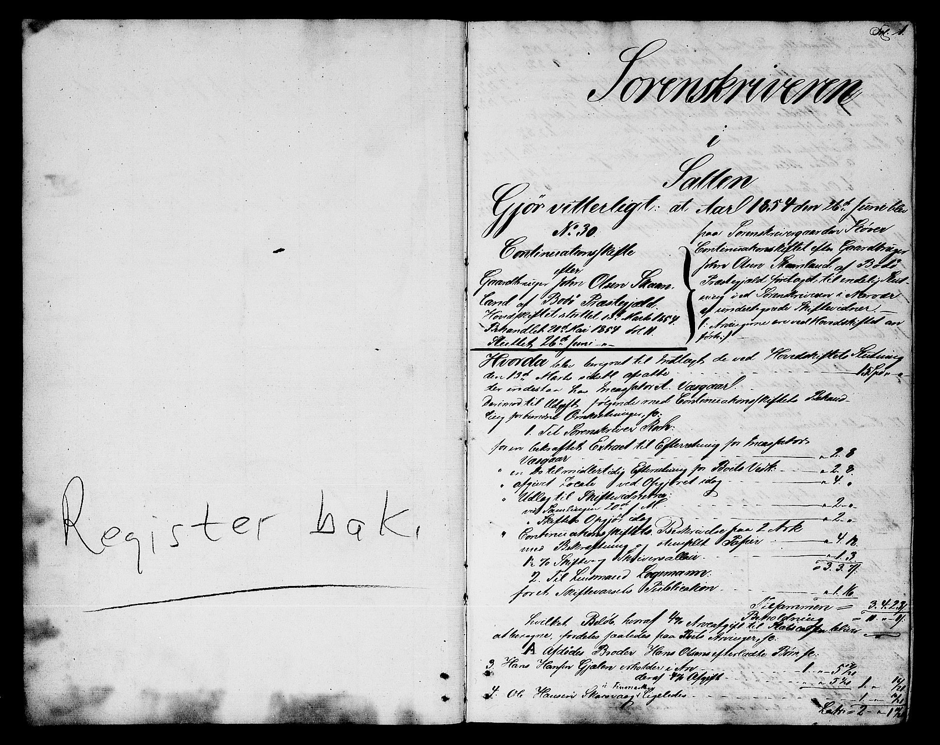 Salten sorenskriveri, AV/SAT-A-4578/1/3/3A/L0060: Skifteslutningsprotokoll, 1854-1859, p. 1