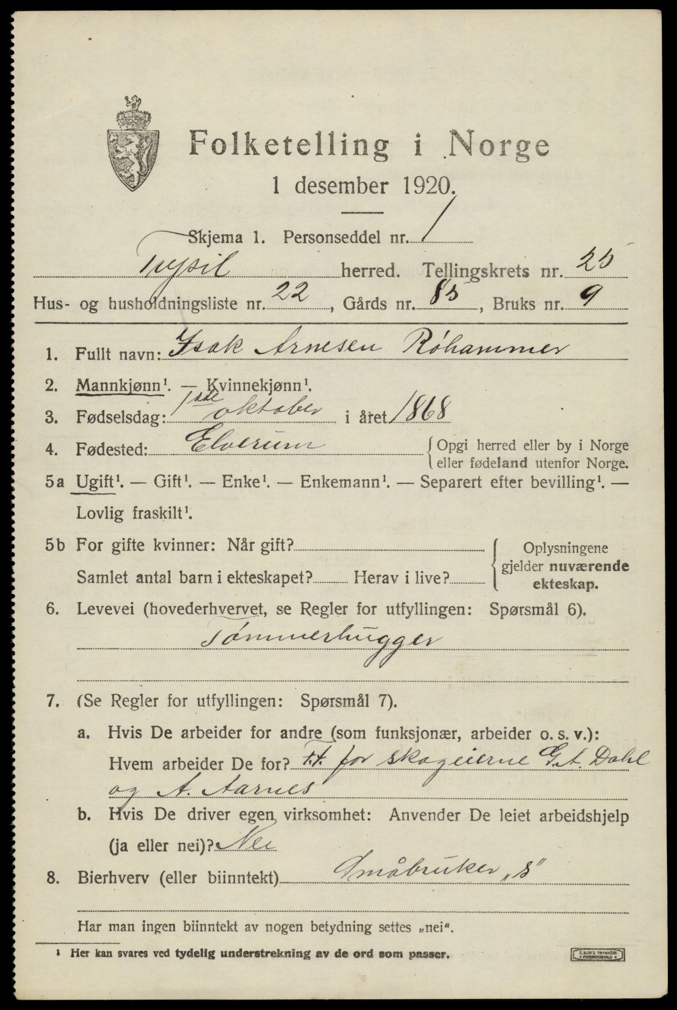 SAH, 1920 census for Trysil, 1920, p. 15951