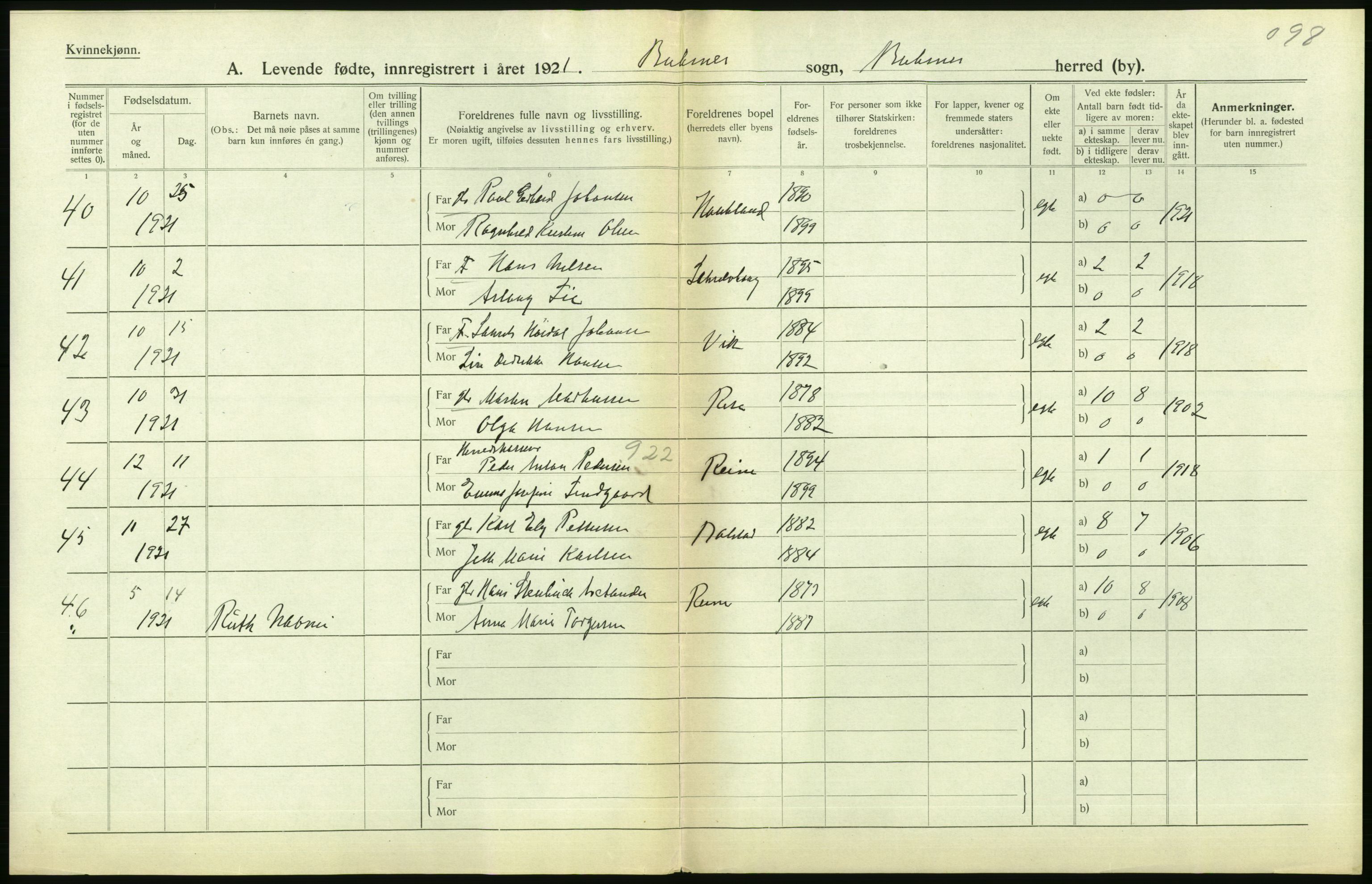 Statistisk sentralbyrå, Sosiodemografiske emner, Befolkning, RA/S-2228/D/Df/Dfc/Dfca/L0049: Nordland fylke: Levendefødte menn og kvinner. Bygder., 1921, p. 344