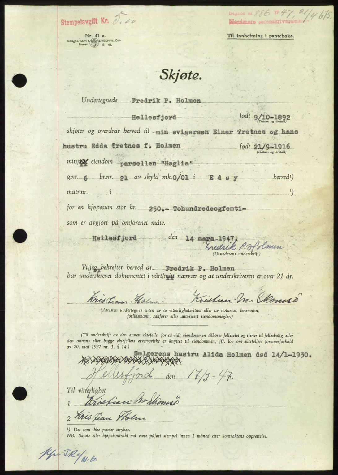 Nordmøre sorenskriveri, AV/SAT-A-4132/1/2/2Ca: Mortgage book no. A104, 1947-1947, Diary no: : 886/1947