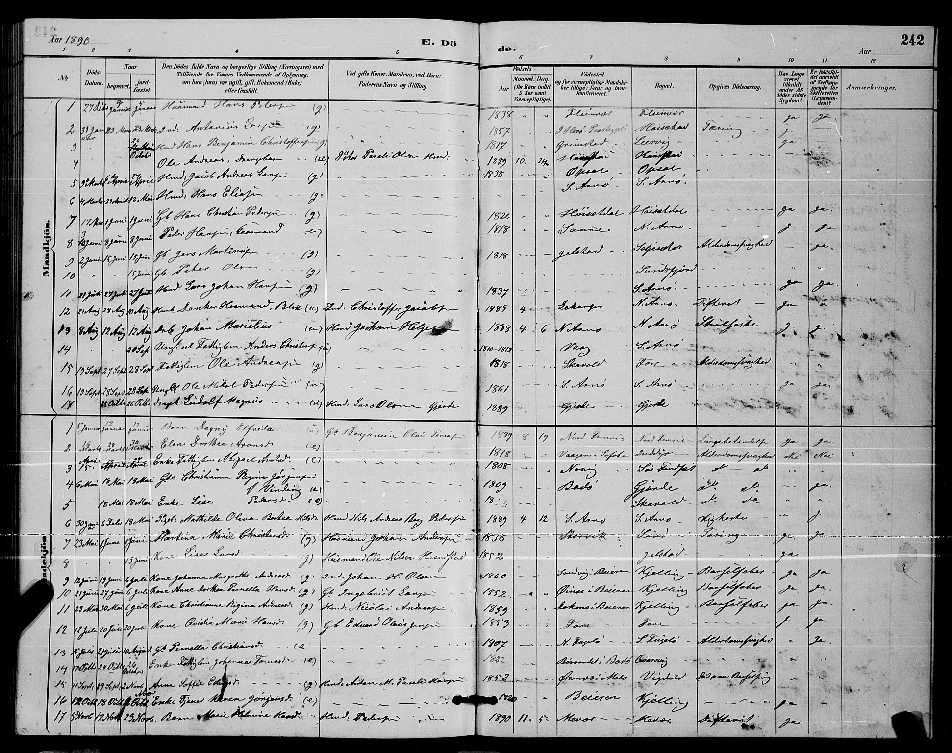 Ministerialprotokoller, klokkerbøker og fødselsregistre - Nordland, AV/SAT-A-1459/805/L0108: Parish register (copy) no. 805C04, 1885-1899, p. 242