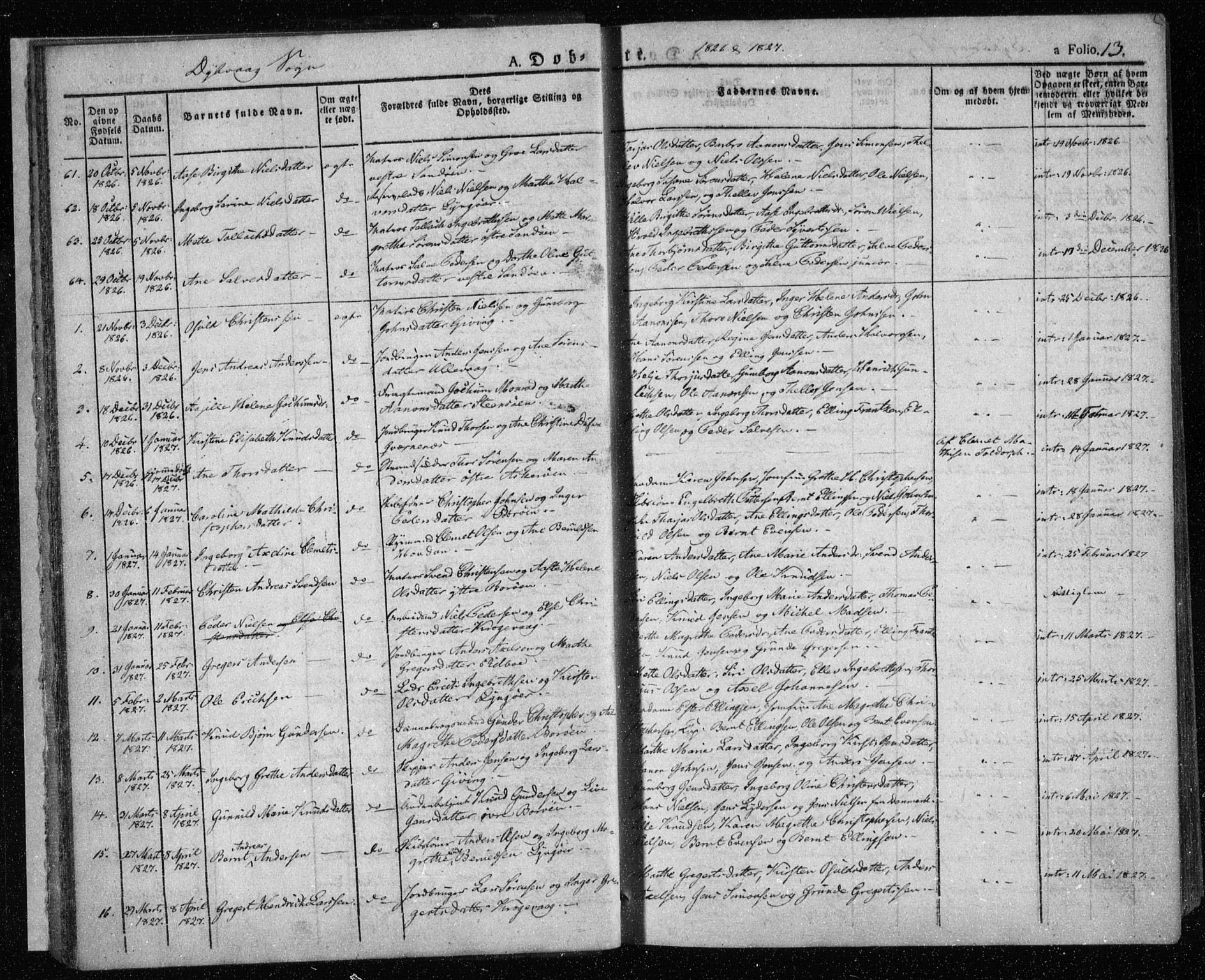 Dypvåg sokneprestkontor, SAK/1111-0007/F/Fa/Faa/L0004: Parish register (official) no. A 4, 1824-1840, p. 13