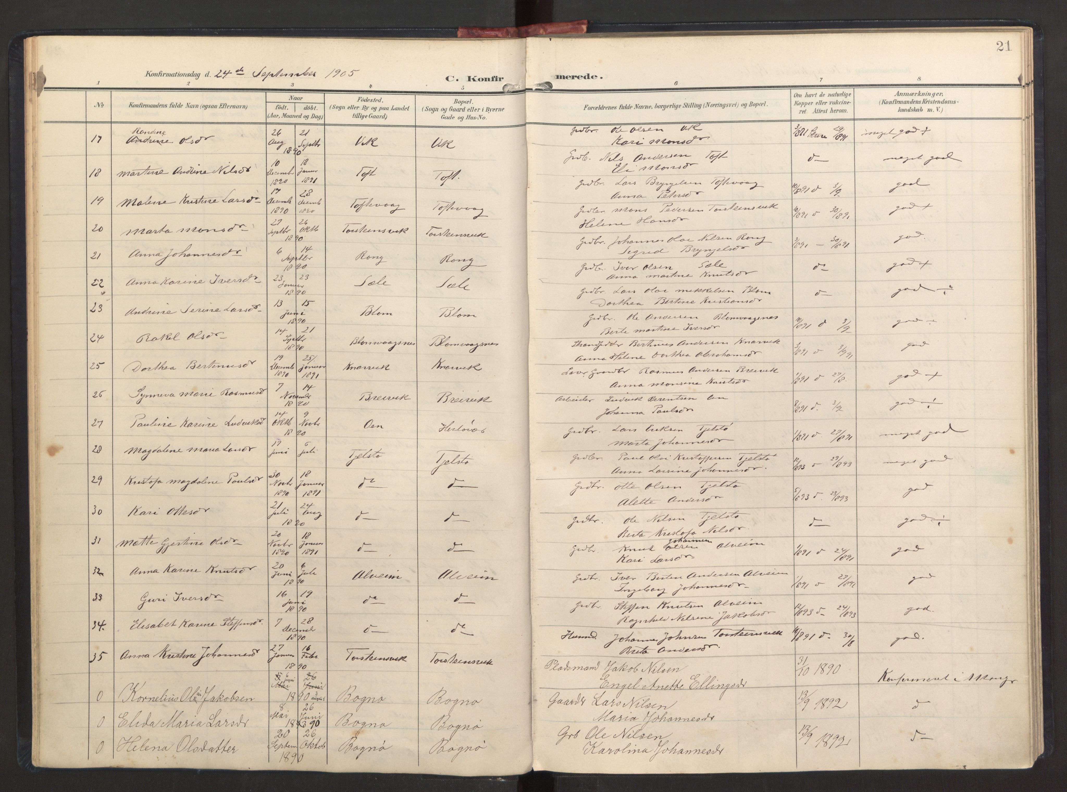 Herdla Sokneprestembete, SAB/A-75701/H/Haa: Parish register (official) no. A 7, 1902-1923, p. 21