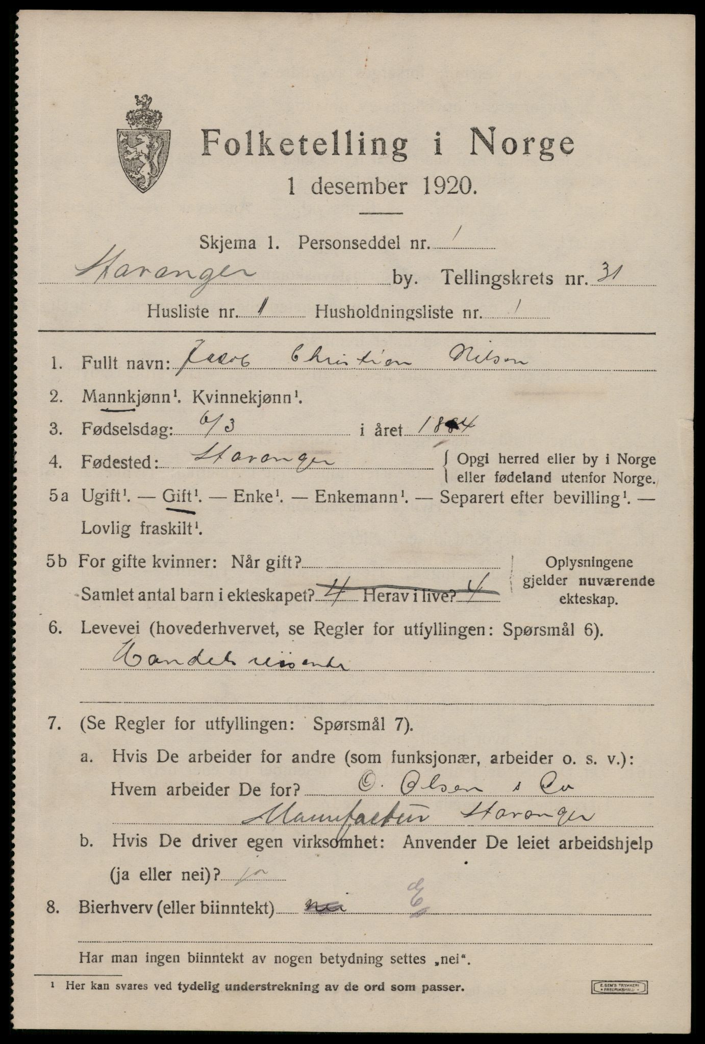 SAST, 1920 census for Stavanger, 1920, p. 86848