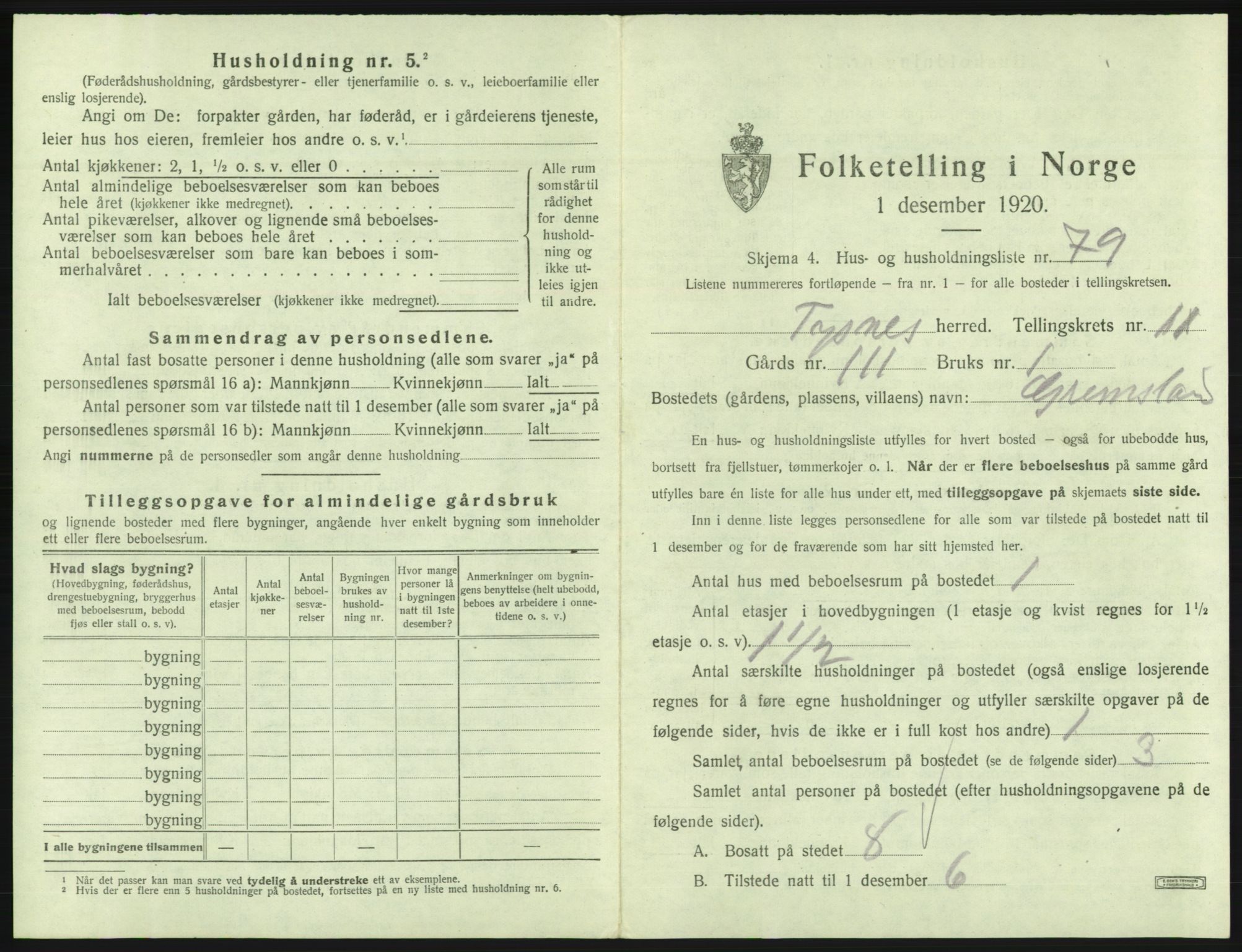 SAB, 1920 census for Tysnes, 1920, p. 1208