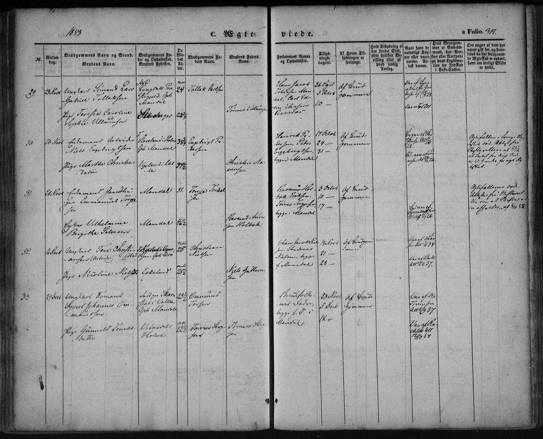 Mandal sokneprestkontor, SAK/1111-0030/F/Fa/Faa/L0013: Parish register (official) no. A 13, 1847-1859, p. 317