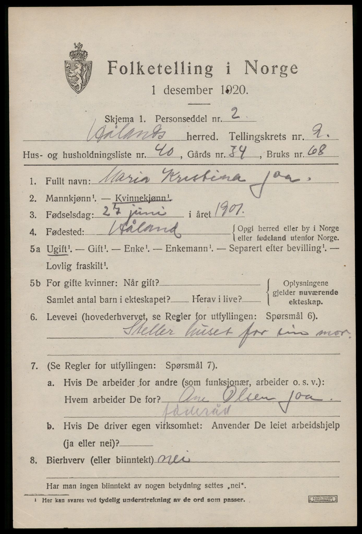 SAST, 1920 census for Håland, 1920, p. 7403