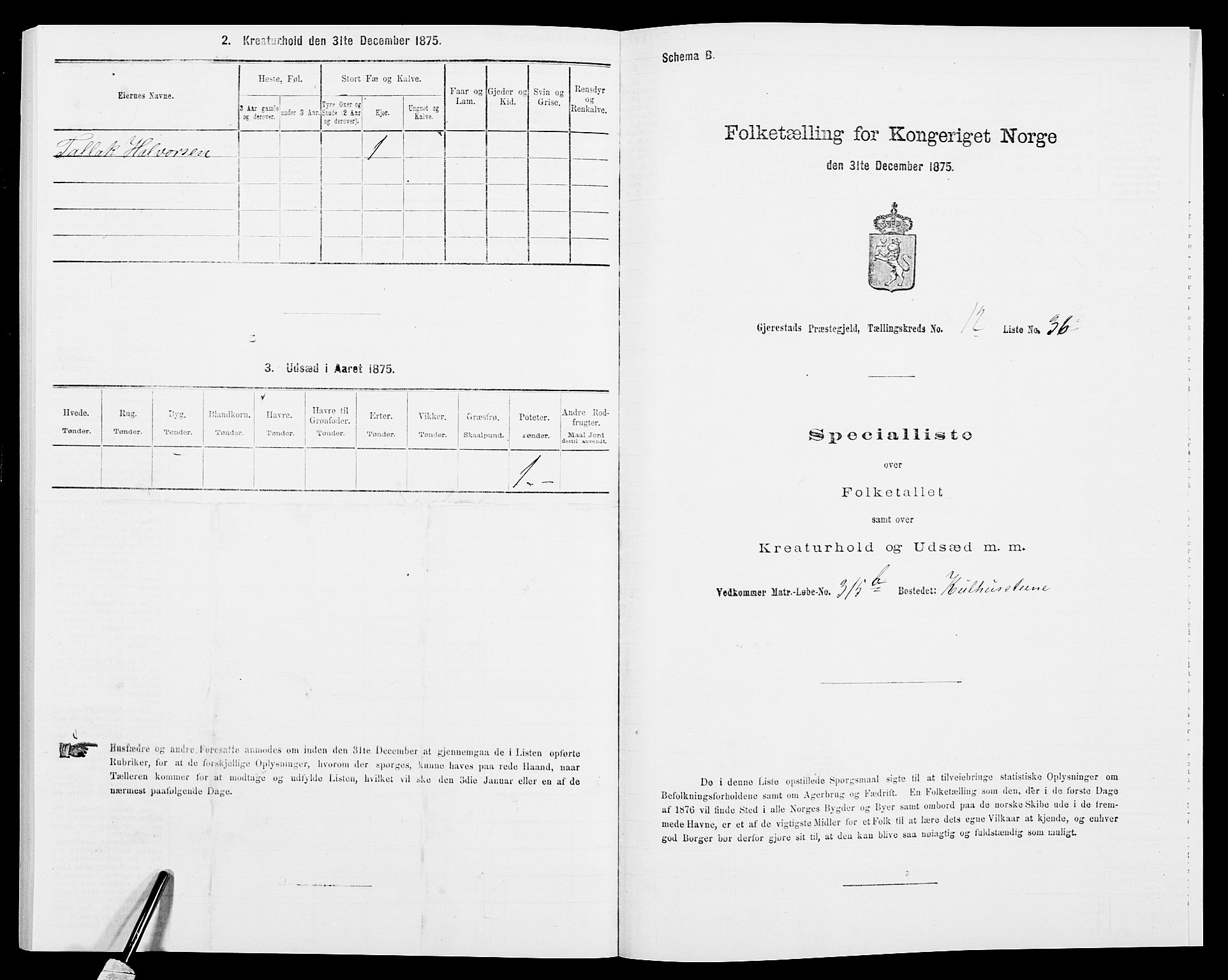 SAK, 1875 census for 0911P Gjerstad, 1875, p. 1278