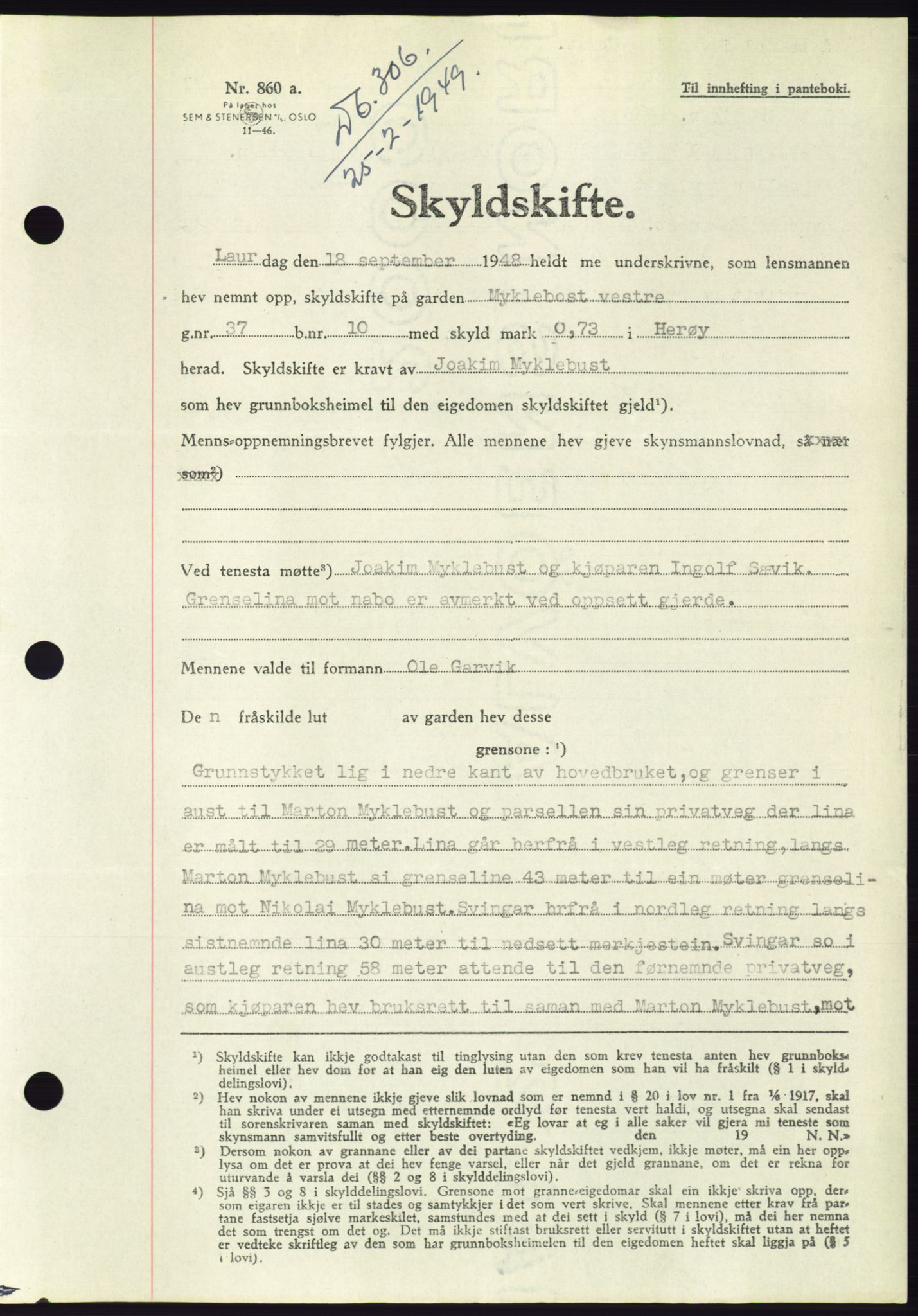 Søre Sunnmøre sorenskriveri, AV/SAT-A-4122/1/2/2C/L0084: Mortgage book no. 10A, 1949-1949, Diary no: : 306/1949