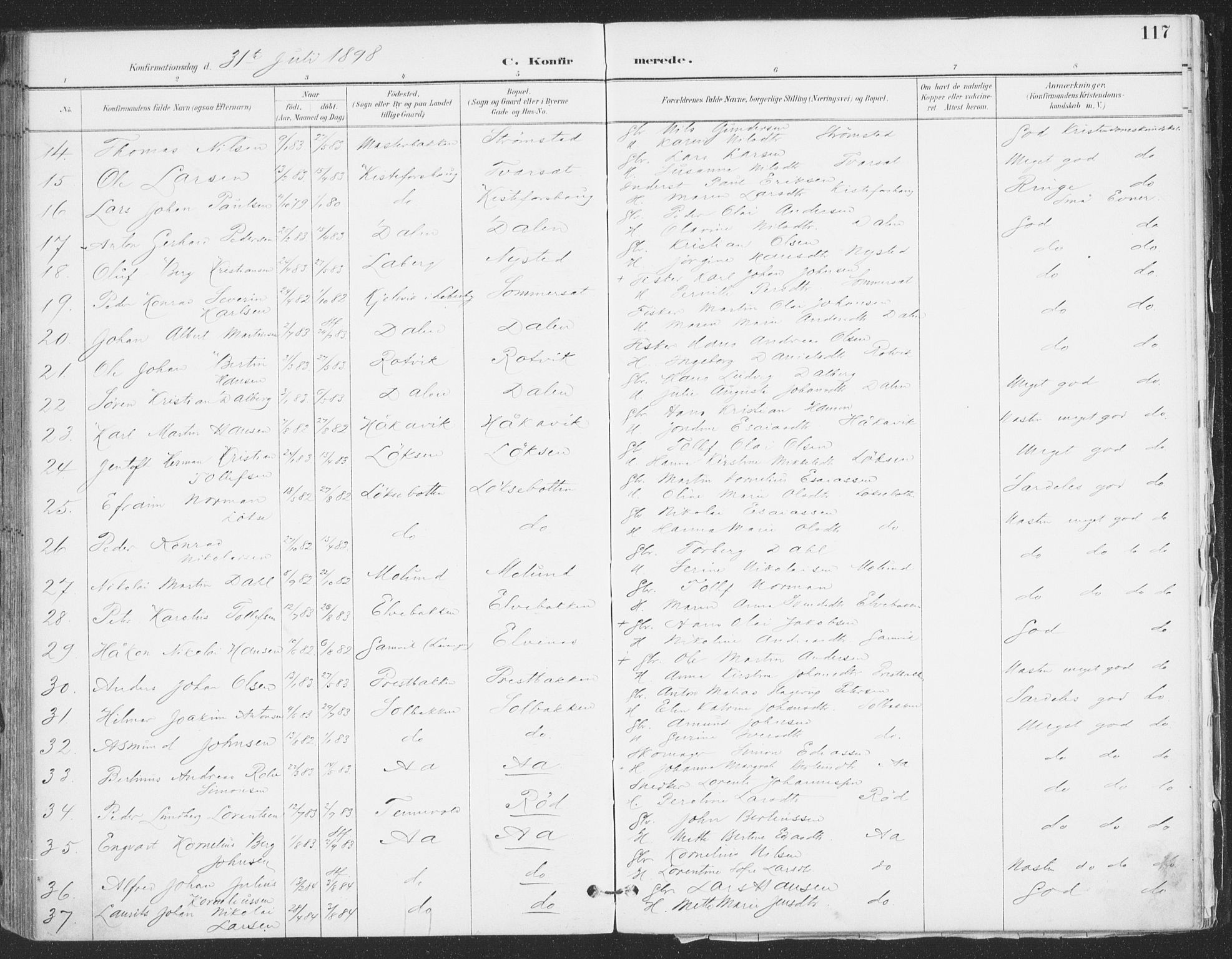 Ibestad sokneprestembete, AV/SATØ-S-0077/H/Ha/Haa/L0015kirke: Parish register (official) no. 15, 1888-1899, p. 117