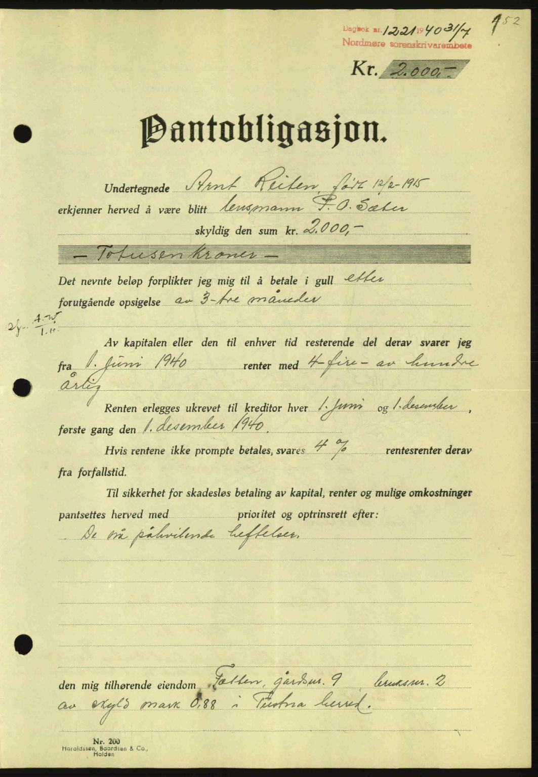 Nordmøre sorenskriveri, AV/SAT-A-4132/1/2/2Ca: Mortgage book no. B87, 1940-1941, Diary no: : 1221/1940