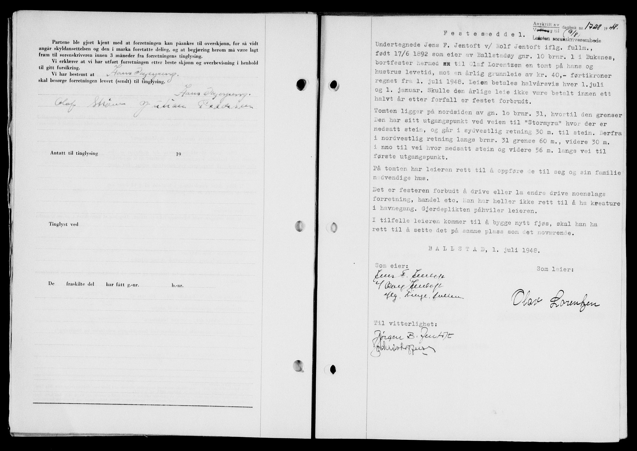 Lofoten sorenskriveri, SAT/A-0017/1/2/2C/L0019a: Mortgage book no. 19a, 1948-1948, Diary no: : 1728/1948