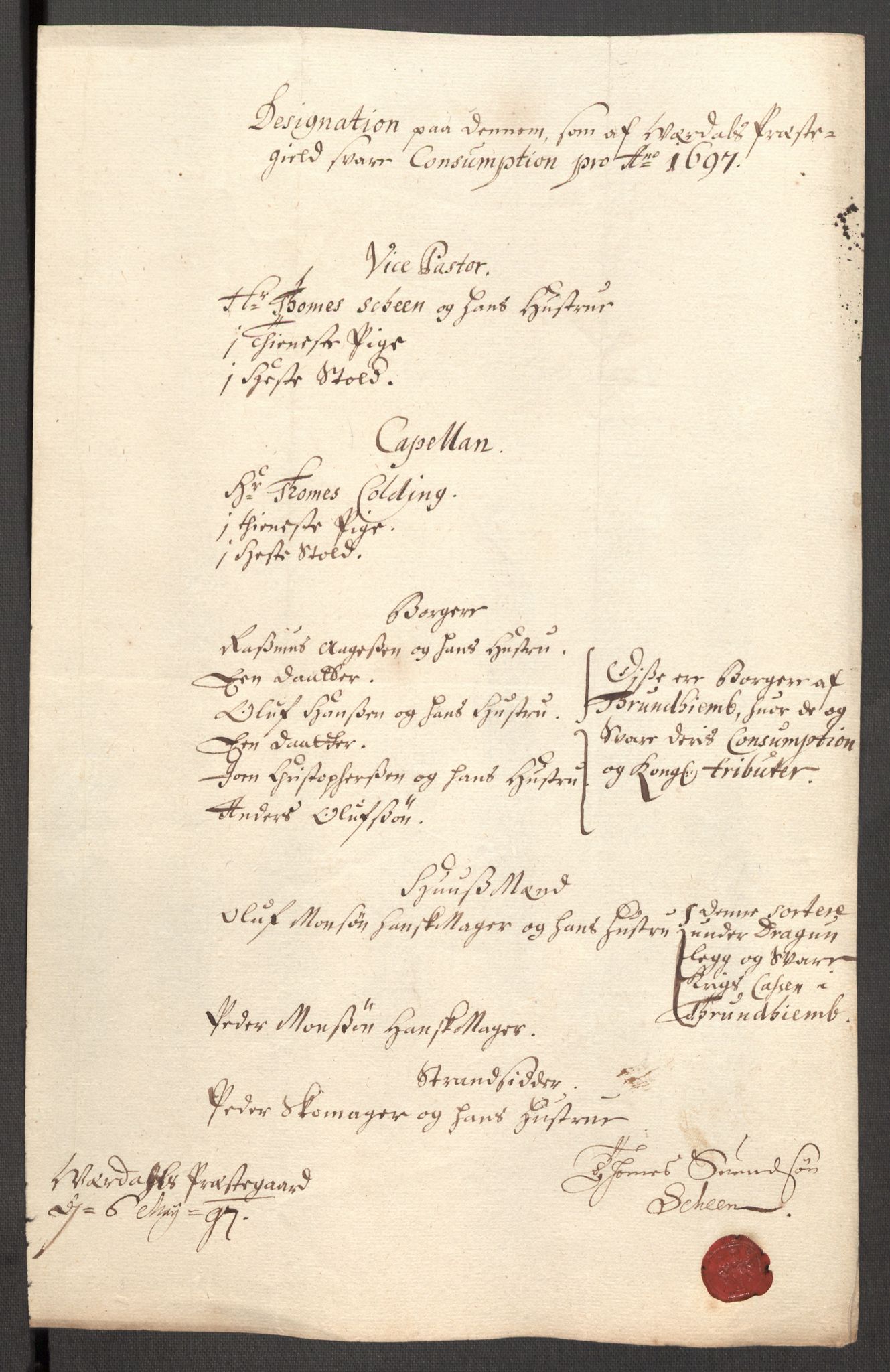 Rentekammeret inntil 1814, Reviderte regnskaper, Fogderegnskap, AV/RA-EA-4092/R62/L4189: Fogderegnskap Stjørdal og Verdal, 1697, p. 142