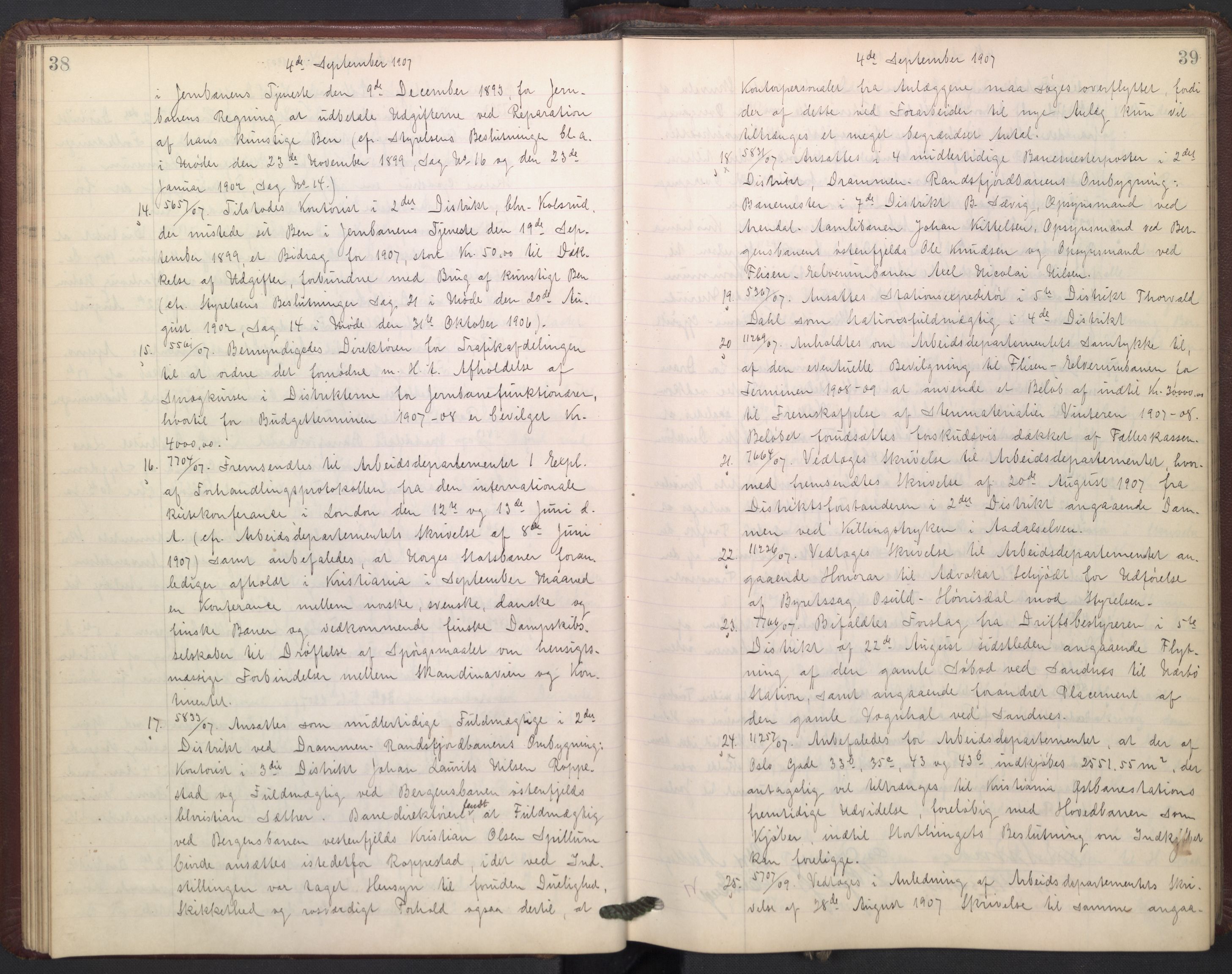 Norges statsbaner, Administrasjons- økonomi- og personalavdelingen, AV/RA-S-3412/A/Aa/L0009: Forhandlingsprotokoll, 1907-1909, p. 38-39