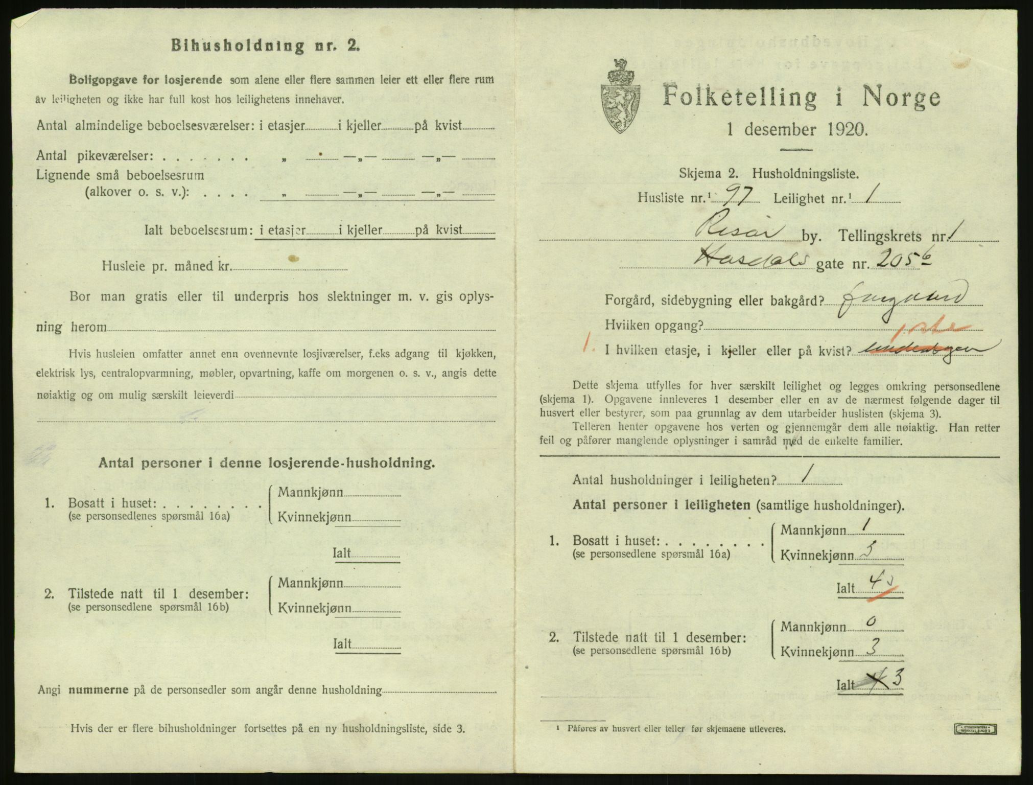 SAK, 1920 census for Risør, 1920, p. 1583