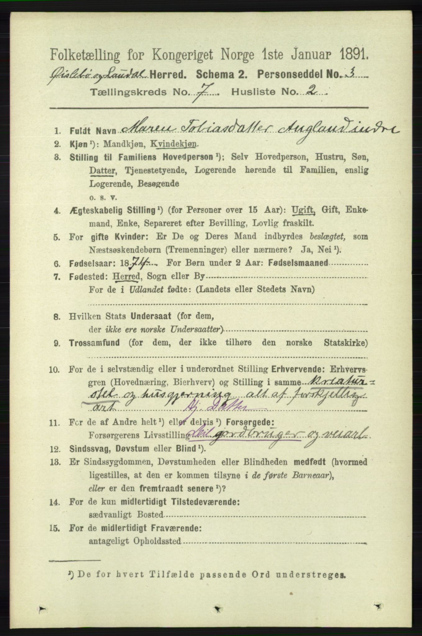 RA, 1891 census for 1021 Øyslebø og Laudal, 1891, p. 1935