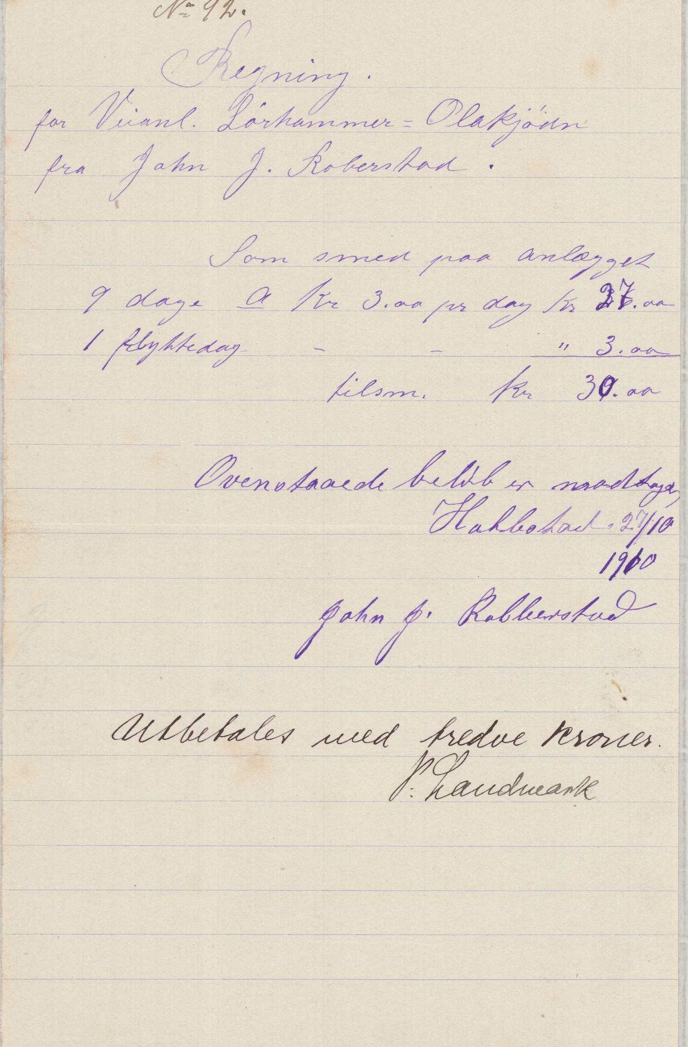 Finnaas kommune. Formannskapet, IKAH/1218a-021/E/Ea/L0001/0003: Rekneskap for veganlegg / Rekneskap for veganlegget Laurhammer - Olakjødn, 1909-1911, p. 53