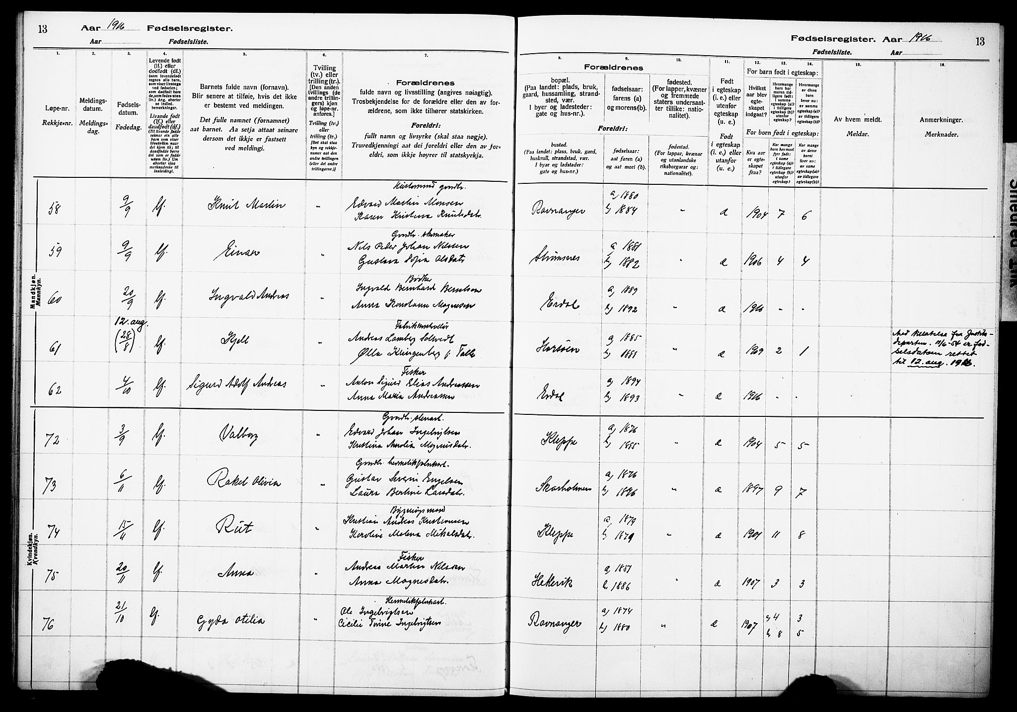 Askøy Sokneprestembete, AV/SAB-A-74101/I/Id/L00A1: Birth register no. A 1, 1916-1928, p. 13