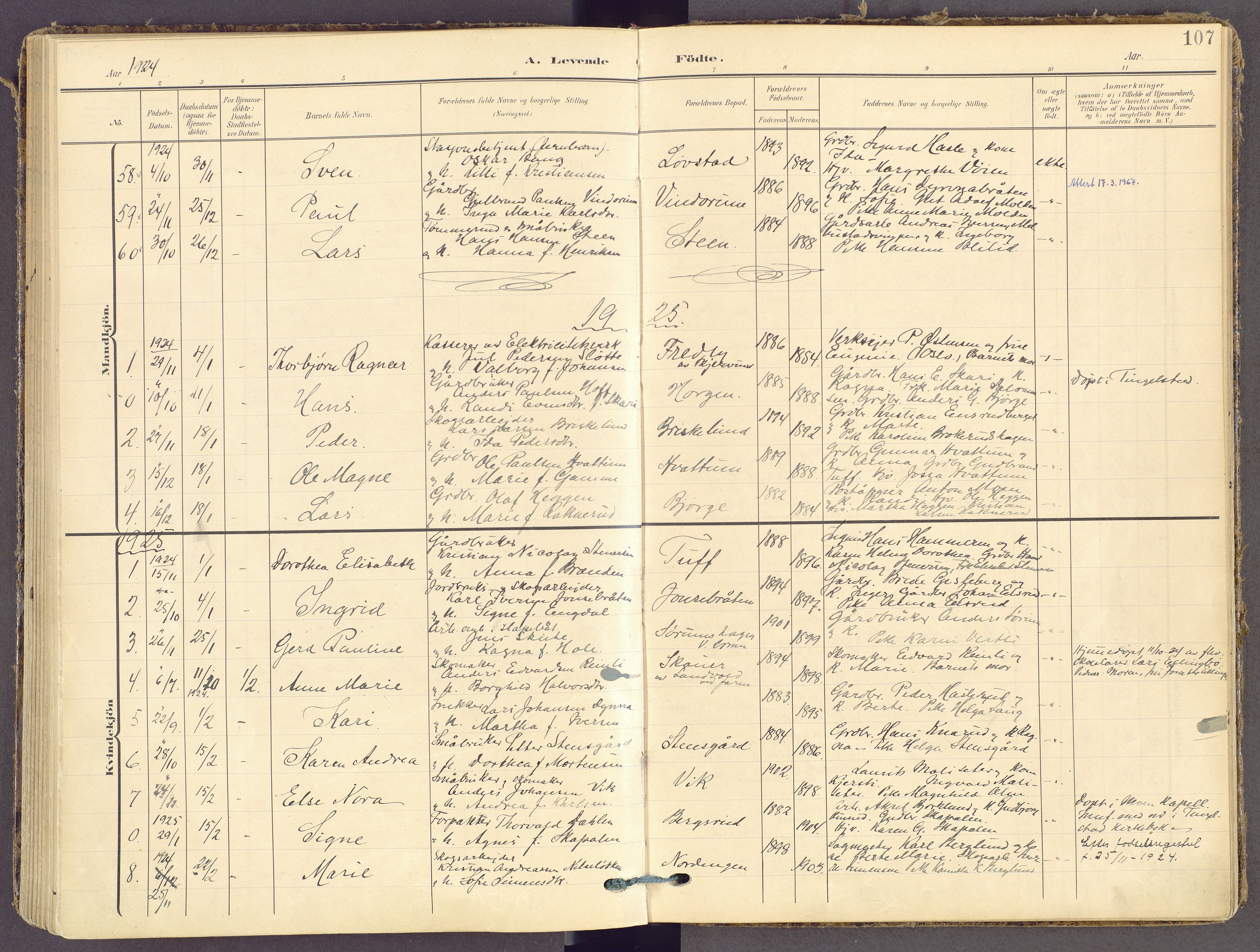 Gran prestekontor, SAH/PREST-112/H/Ha/Haa/L0021: Parish register (official) no. 21, 1908-1932, p. 107