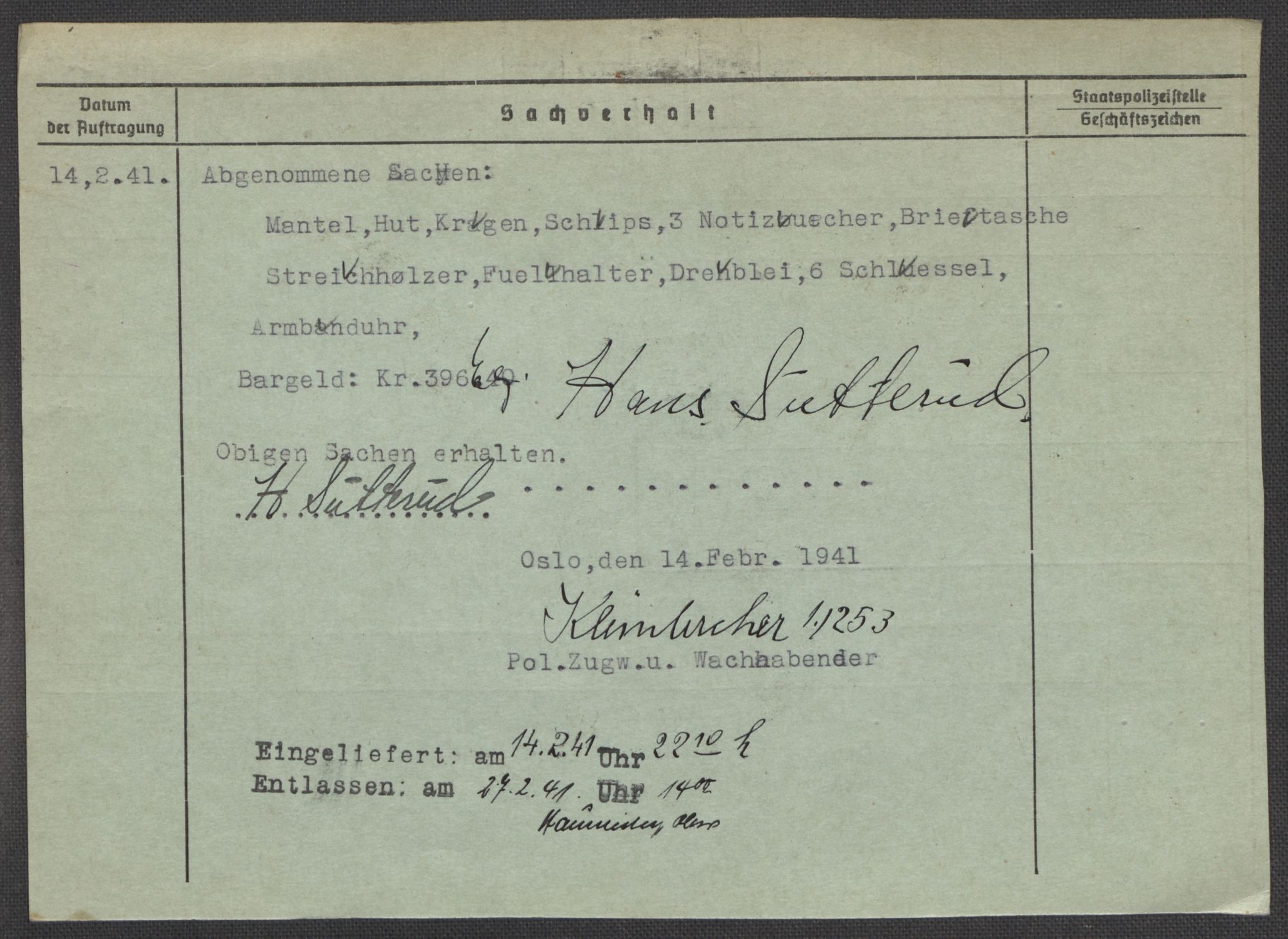 Befehlshaber der Sicherheitspolizei und des SD, AV/RA-RAFA-5969/E/Ea/Eaa/L0009: Register over norske fanger i Møllergata 19: Ru-Sy, 1940-1945, p. 1473