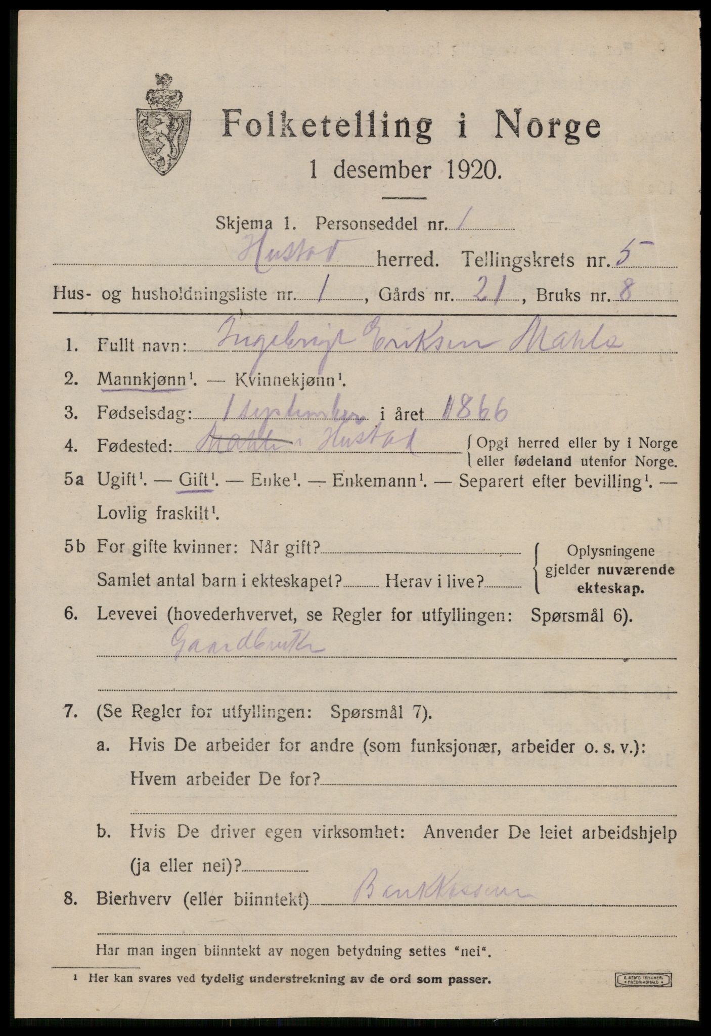 SAT, 1920 census for Hustad, 1920, p. 3589