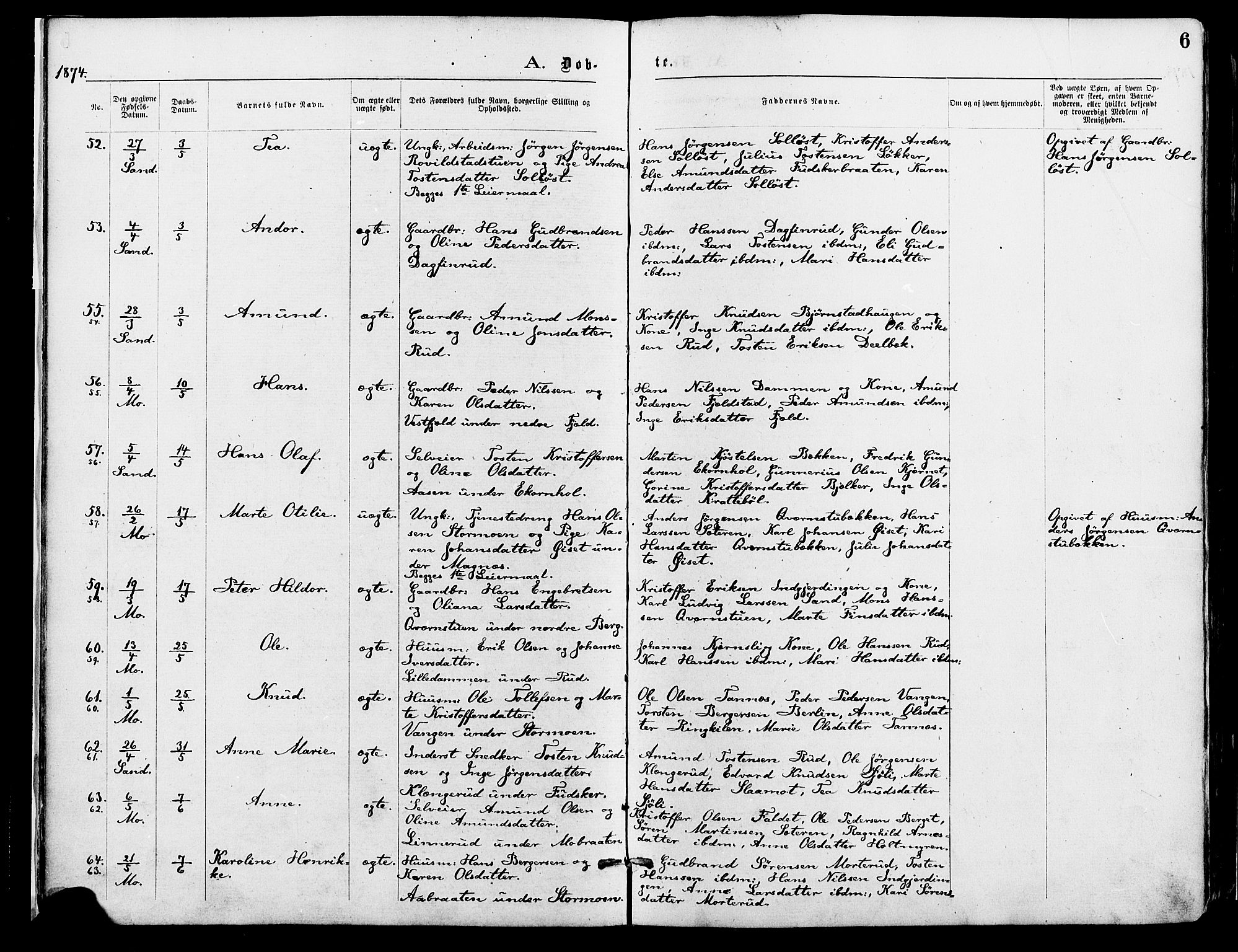 Nord-Odal prestekontor, AV/SAH-PREST-032/H/Ha/Haa/L0005: Parish register (official) no. 5, 1874-1885, p. 6