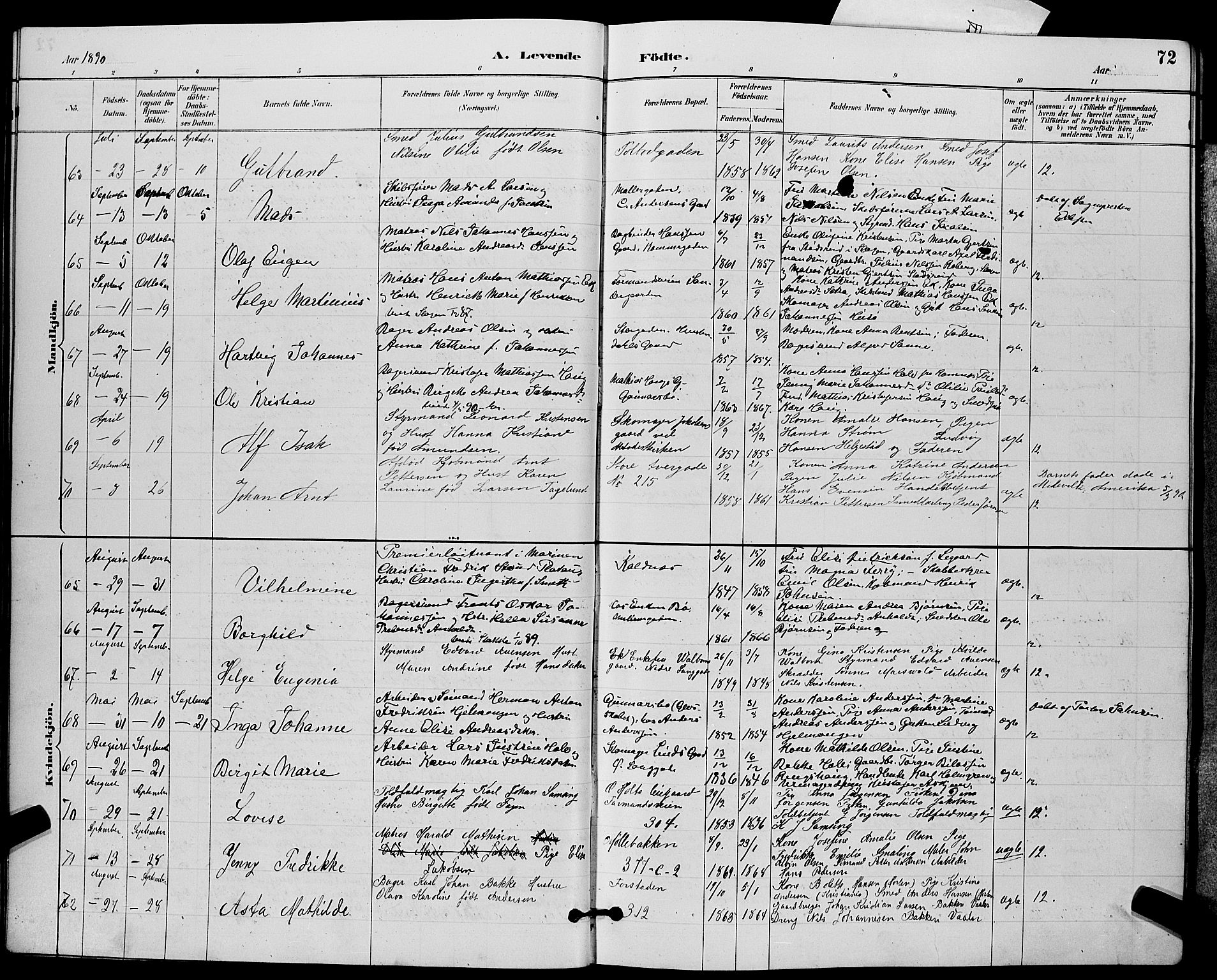 Tønsberg kirkebøker, AV/SAKO-A-330/G/Ga/L0006: Parish register (copy) no. 6, 1885-1895, p. 72