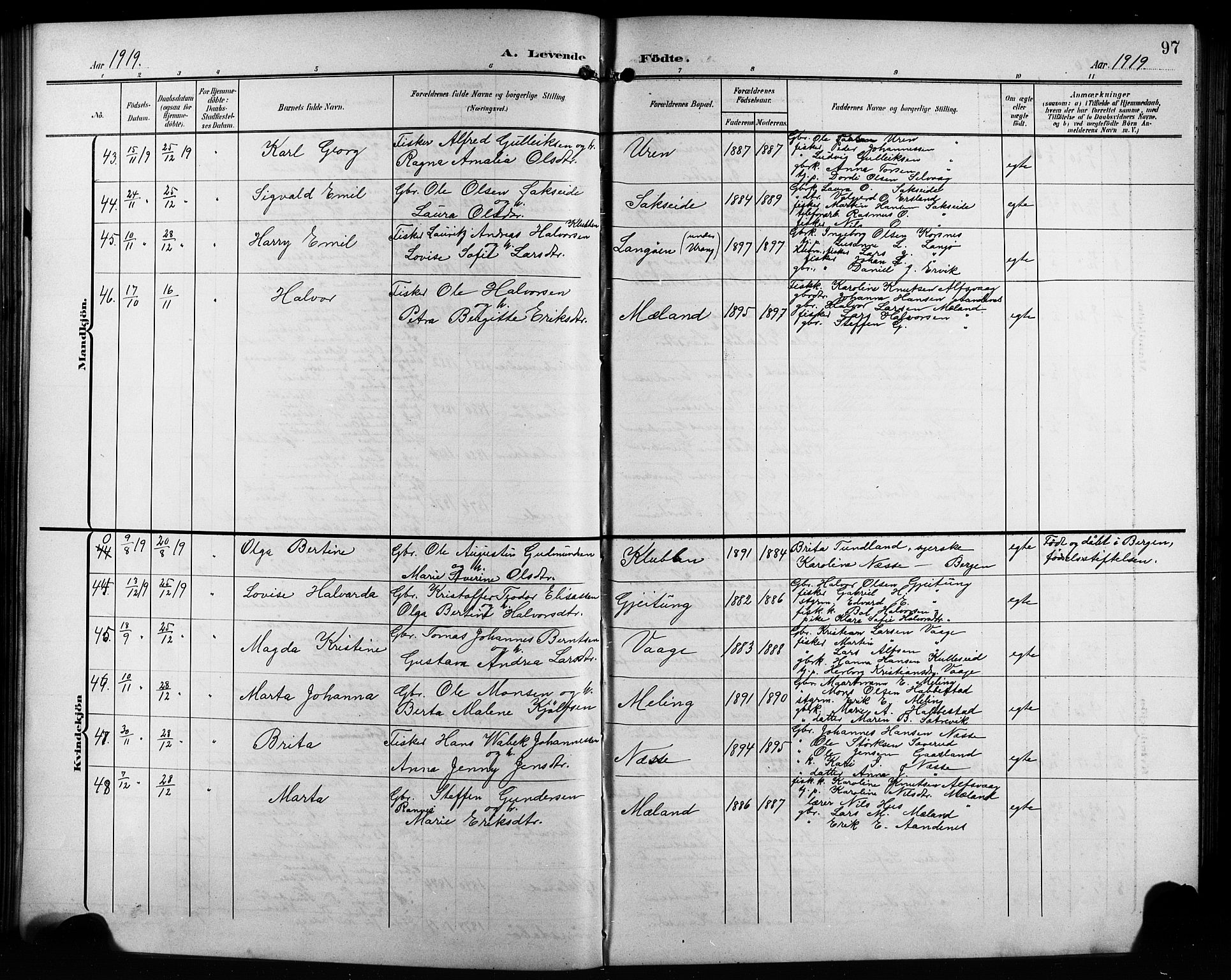 Finnås sokneprestembete, AV/SAB-A-99925/H/Ha/Hab/Habb/L0005: Parish register (copy) no. B 5, 1907-1920, p. 97
