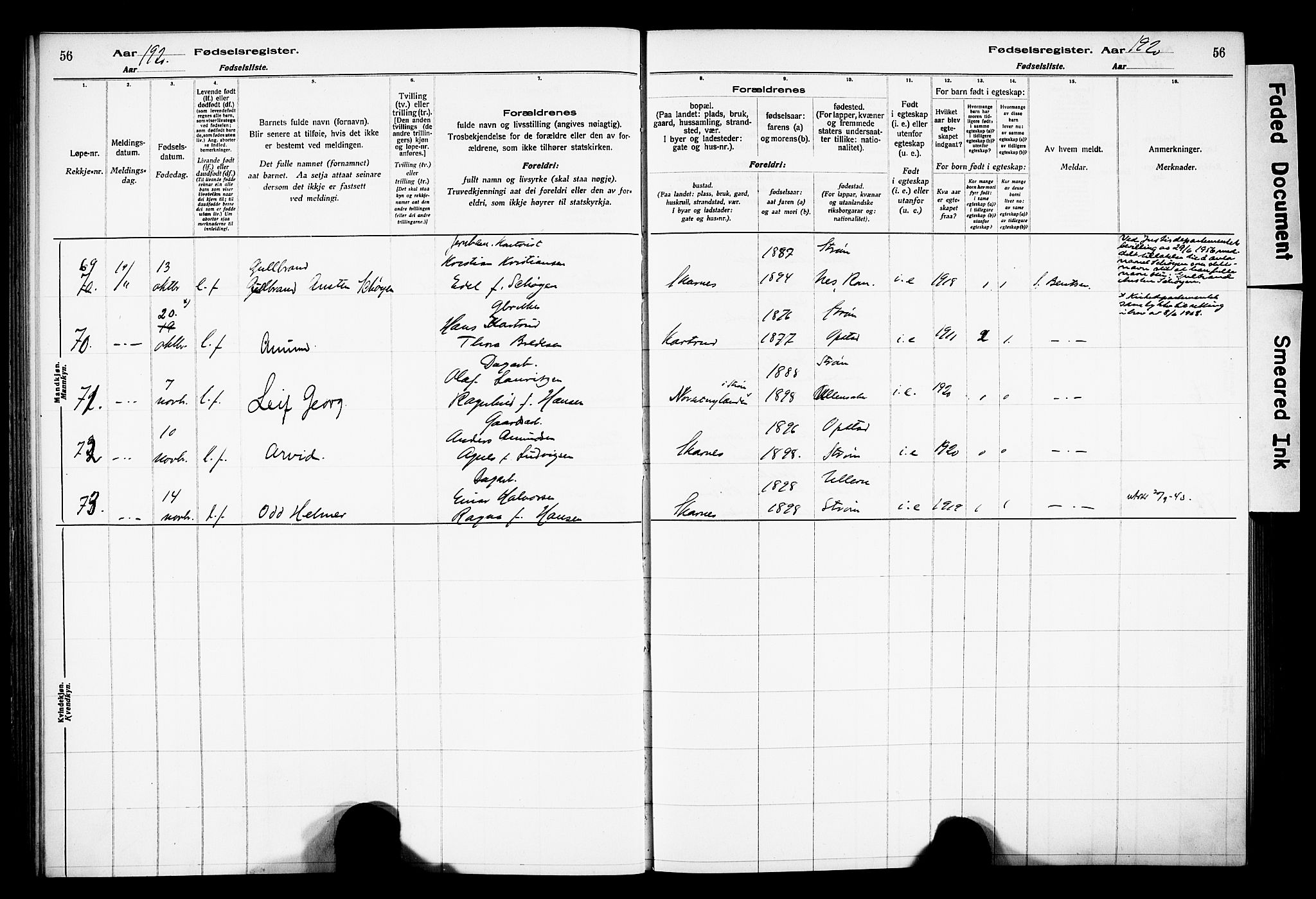 Sør-Odal prestekontor, AV/SAH-PREST-030/I/Id: Birth register no. 1, 1916-1931, p. 56