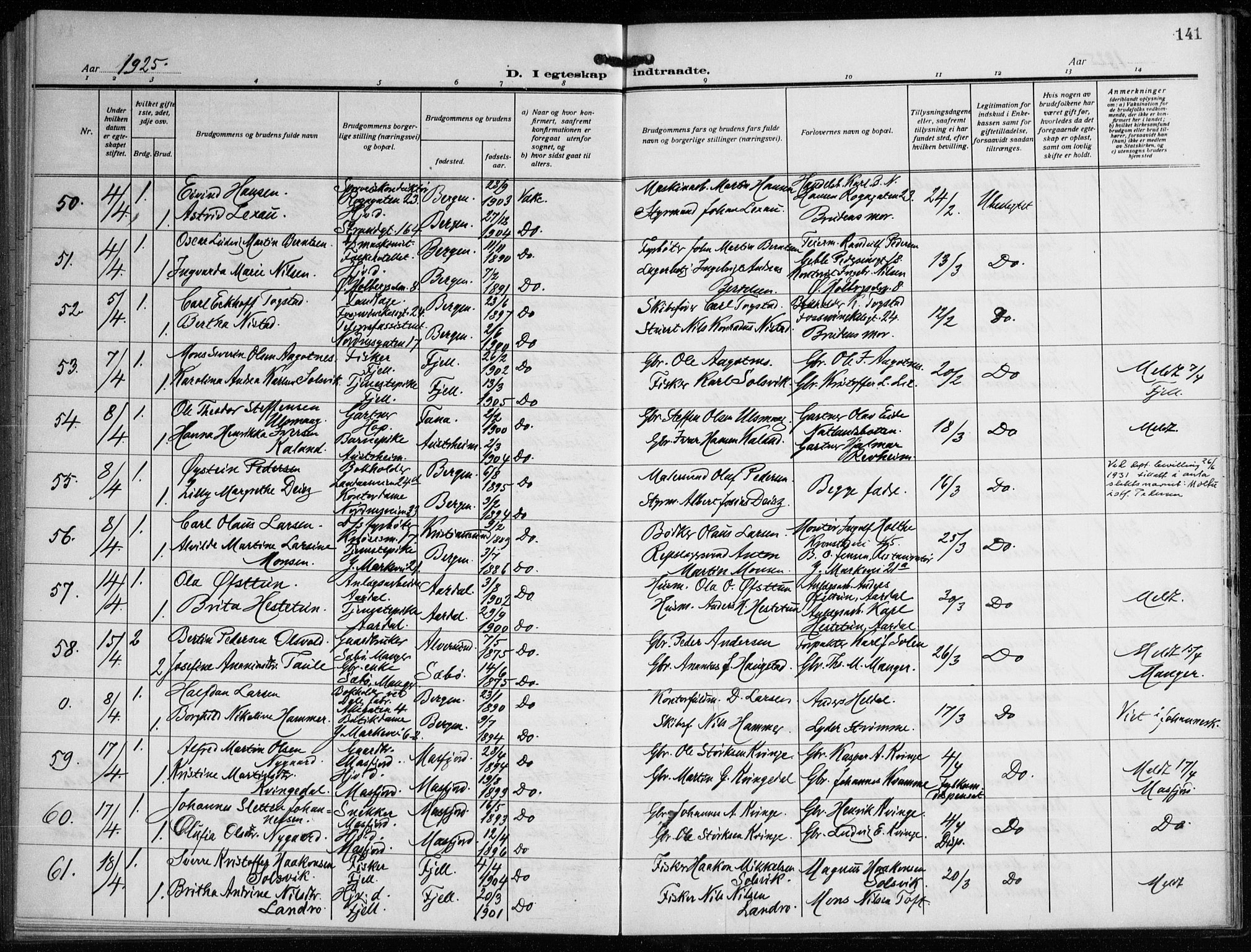 Nykirken Sokneprestembete, AV/SAB-A-77101/H/Haa/L0037: Parish register (official) no. D 7, 1918-1926, p. 141