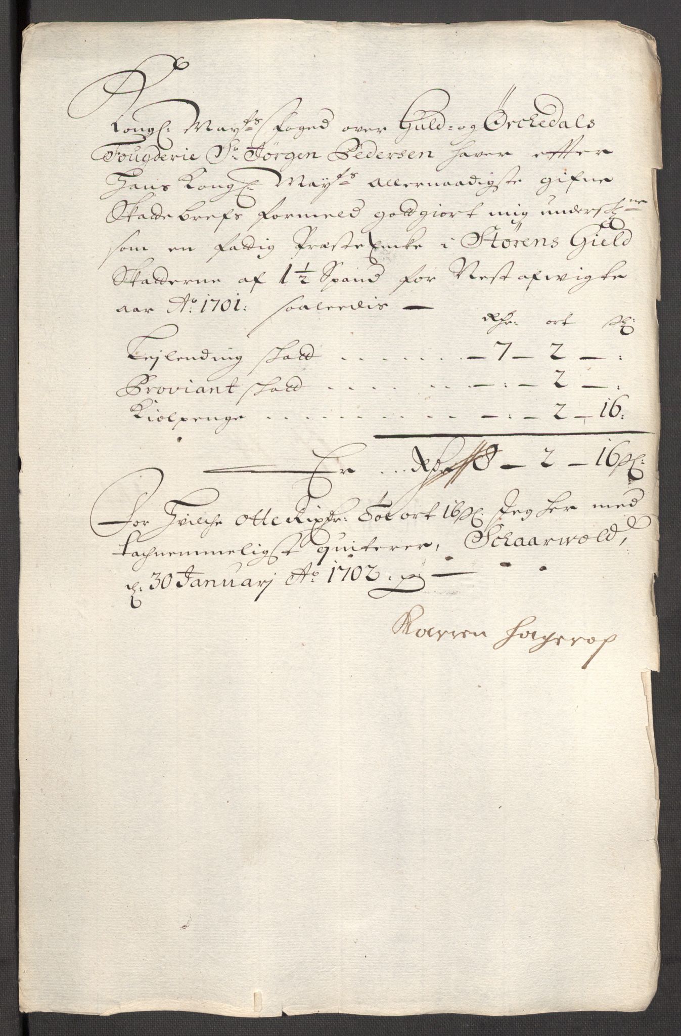 Rentekammeret inntil 1814, Reviderte regnskaper, Fogderegnskap, RA/EA-4092/R60/L3951: Fogderegnskap Orkdal og Gauldal, 1701, p. 283