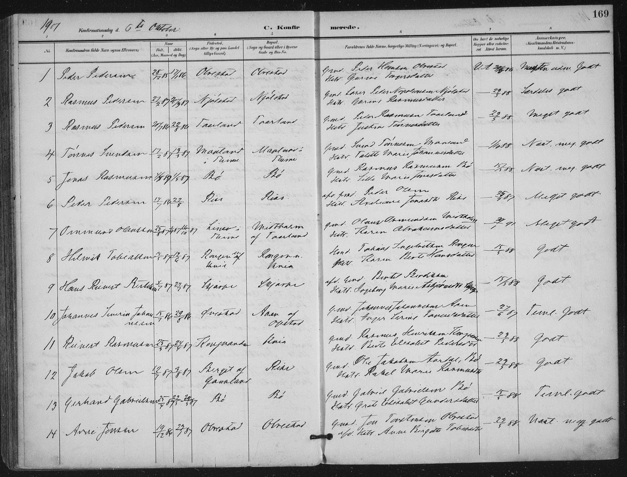 Hå sokneprestkontor, SAST/A-101801/002/B/L0001: Parish register (official) no. A 11, 1897-1924, p. 169