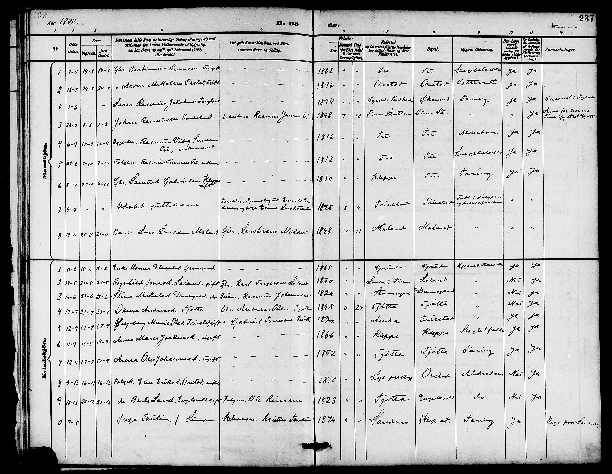 Klepp sokneprestkontor, AV/SAST-A-101803/001/3/30BB/L0004: Parish register (copy) no. B 4, 1889-1914, p. 237