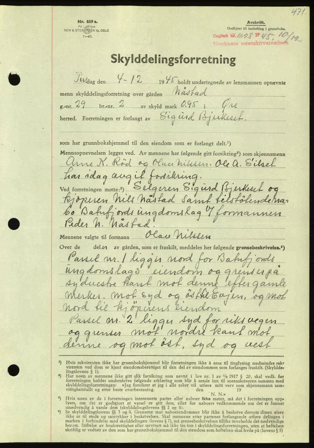 Nordmøre sorenskriveri, AV/SAT-A-4132/1/2/2Ca: Mortgage book no. A100a, 1945-1945, Diary no: : 1628/1945