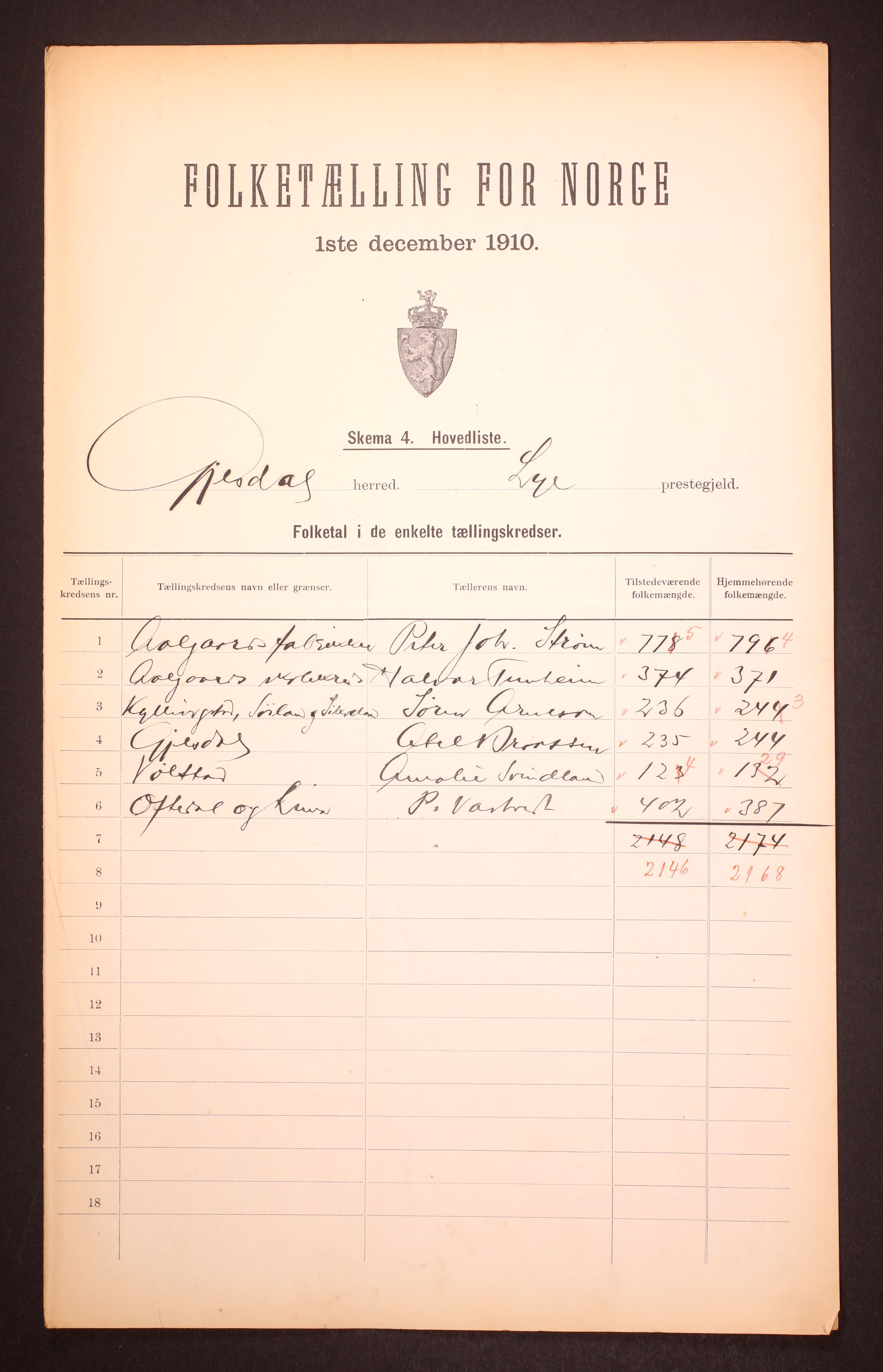 RA, 1910 census for Gjesdal, 1910, p. 2
