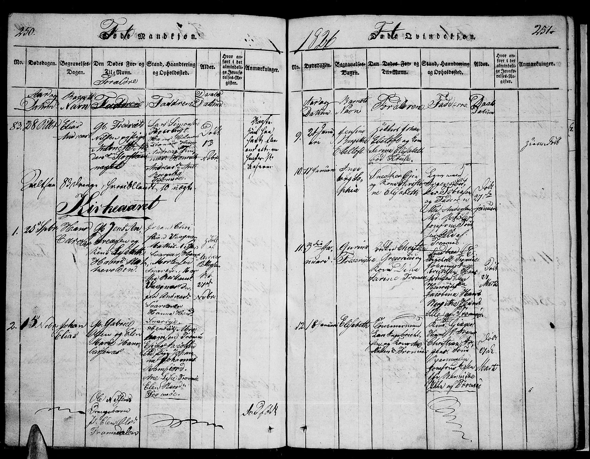 Tromsø sokneprestkontor/stiftsprosti/domprosti, AV/SATØ-S-1343/G/Ga/L0007kirke: Parish register (official) no. 7, 1821-1828, p. 250-251