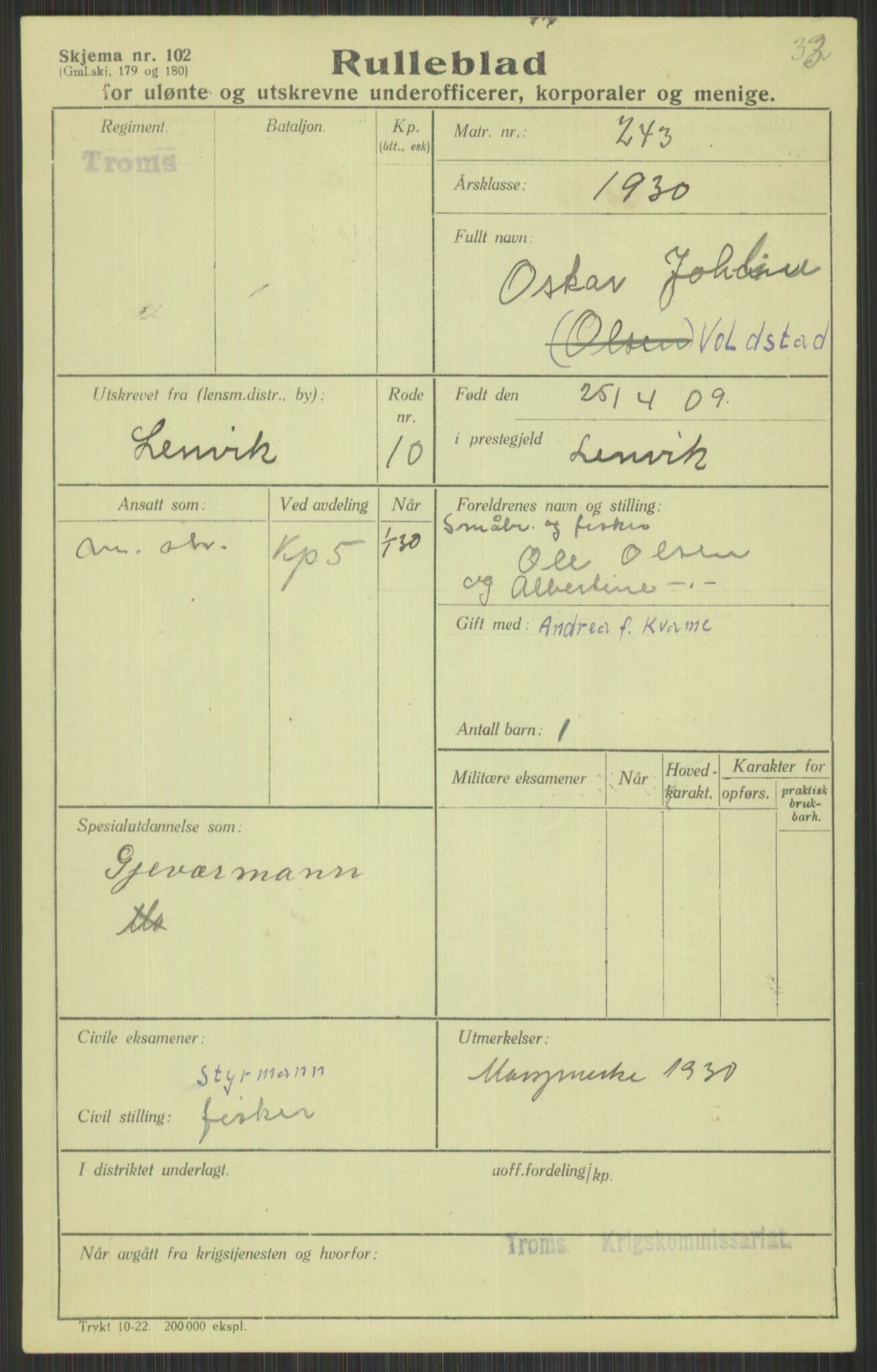 Forsvaret, Troms infanteriregiment nr. 16, AV/RA-RAFA-3146/P/Pa/L0014: Rulleblad for regimentets menige mannskaper, årsklasse 1930, 1930, p. 1085