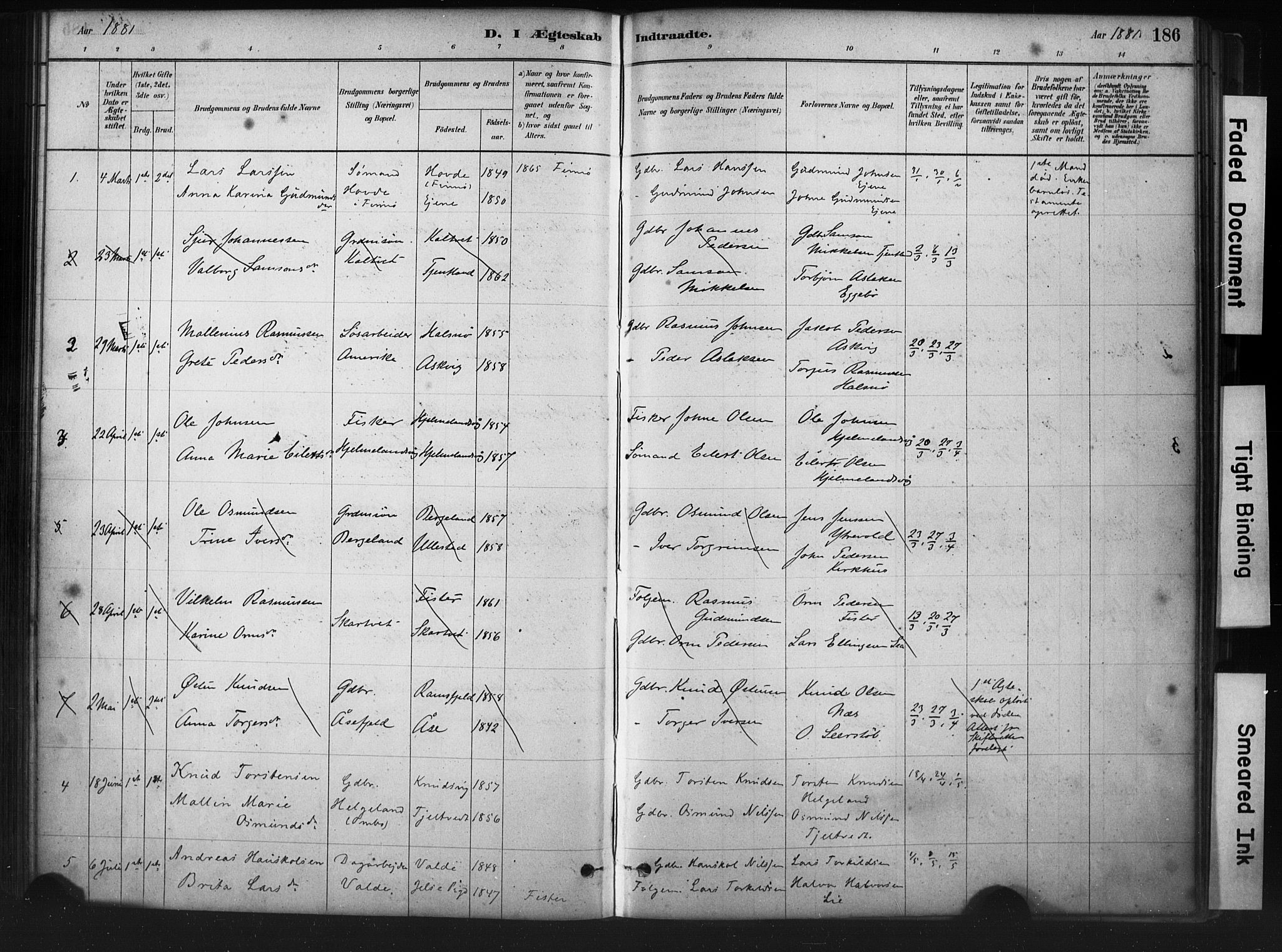 Hjelmeland sokneprestkontor, AV/SAST-A-101843/01/IV/L0014: Parish register (official) no. A 14, 1879-1900, p. 186