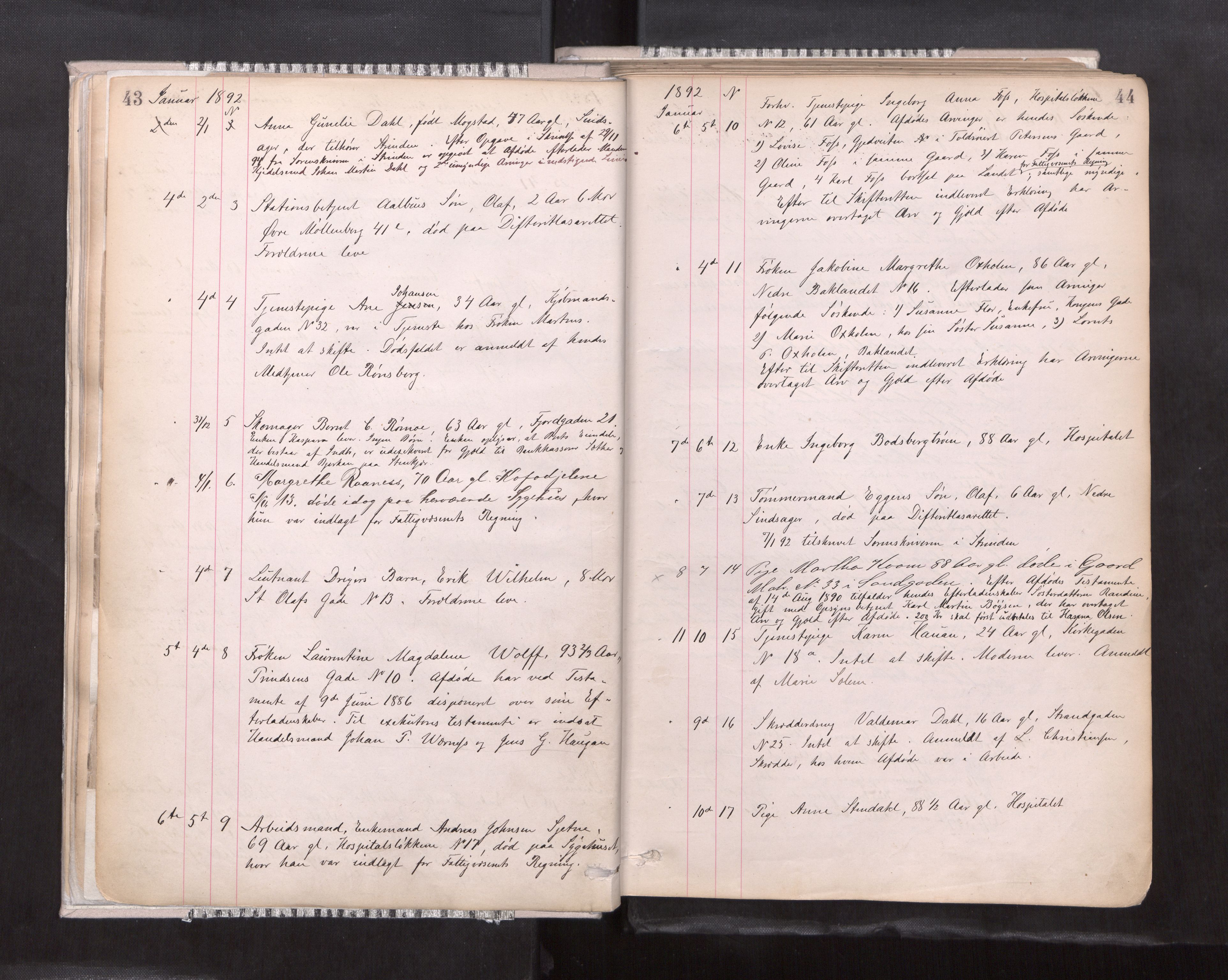 Trondheim byfogd, AV/SAT-A-0003/1/3/3L/L0004: Dødsanmeldelsesprotokoll, 1891-1897, p. 43-44