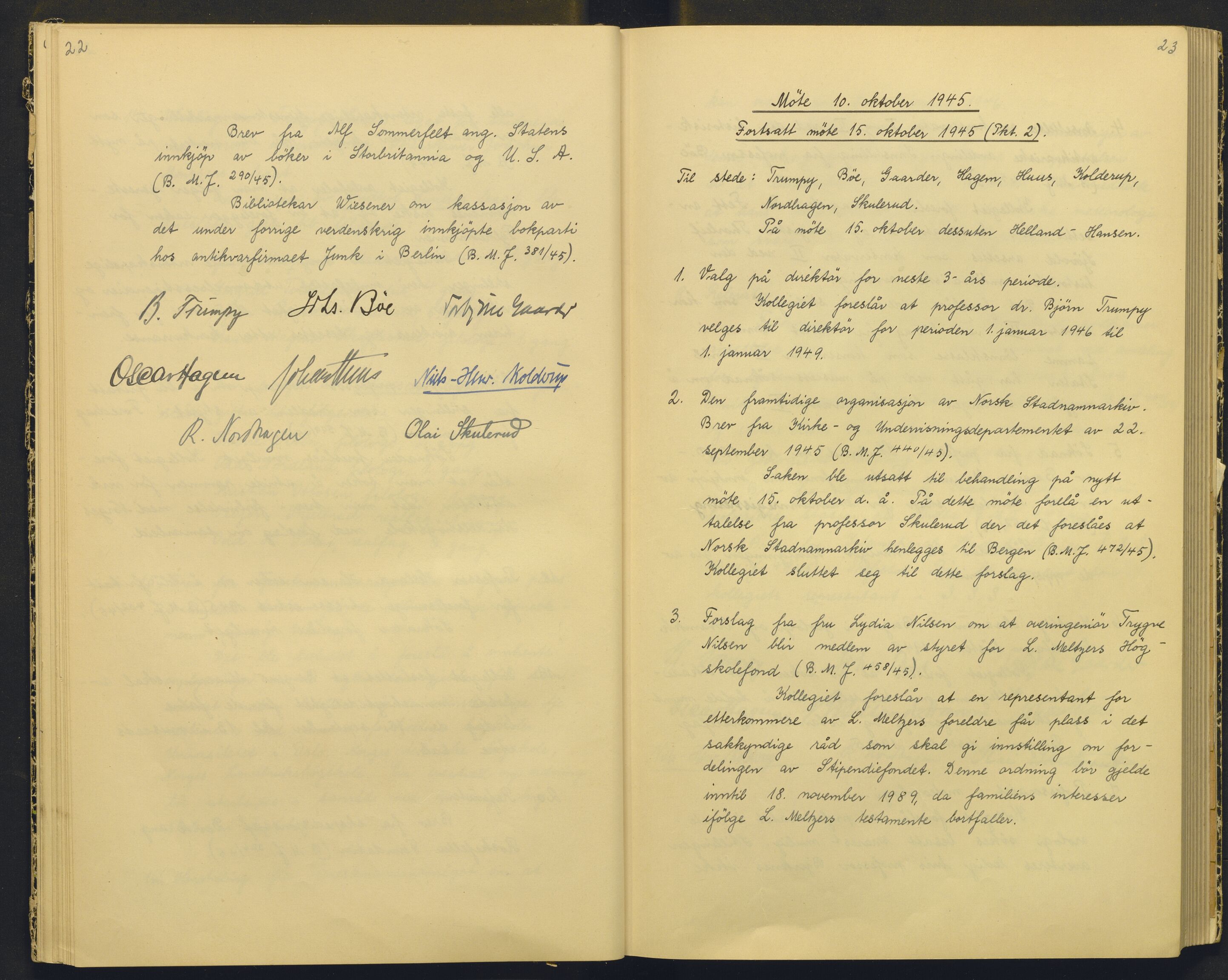 Bergens Museum, AV/SAB-A-17301/18/A/L0004: Professorkollegiets møtebok med register , 1945-1949, p. 22-23