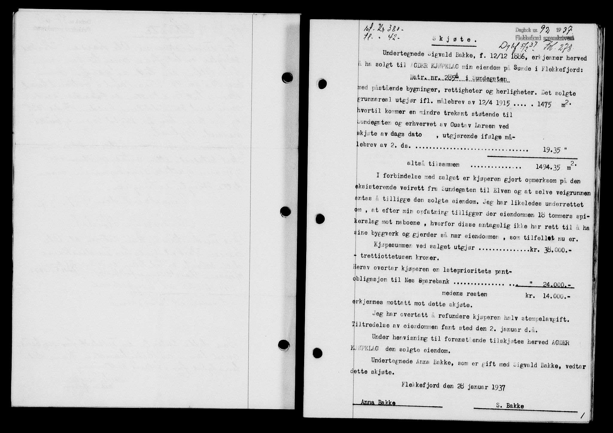 Flekkefjord sorenskriveri, SAK/1221-0001/G/Gb/Gba/L0053: Mortgage book no. A-1, 1936-1937, Diary no: : 92/1937